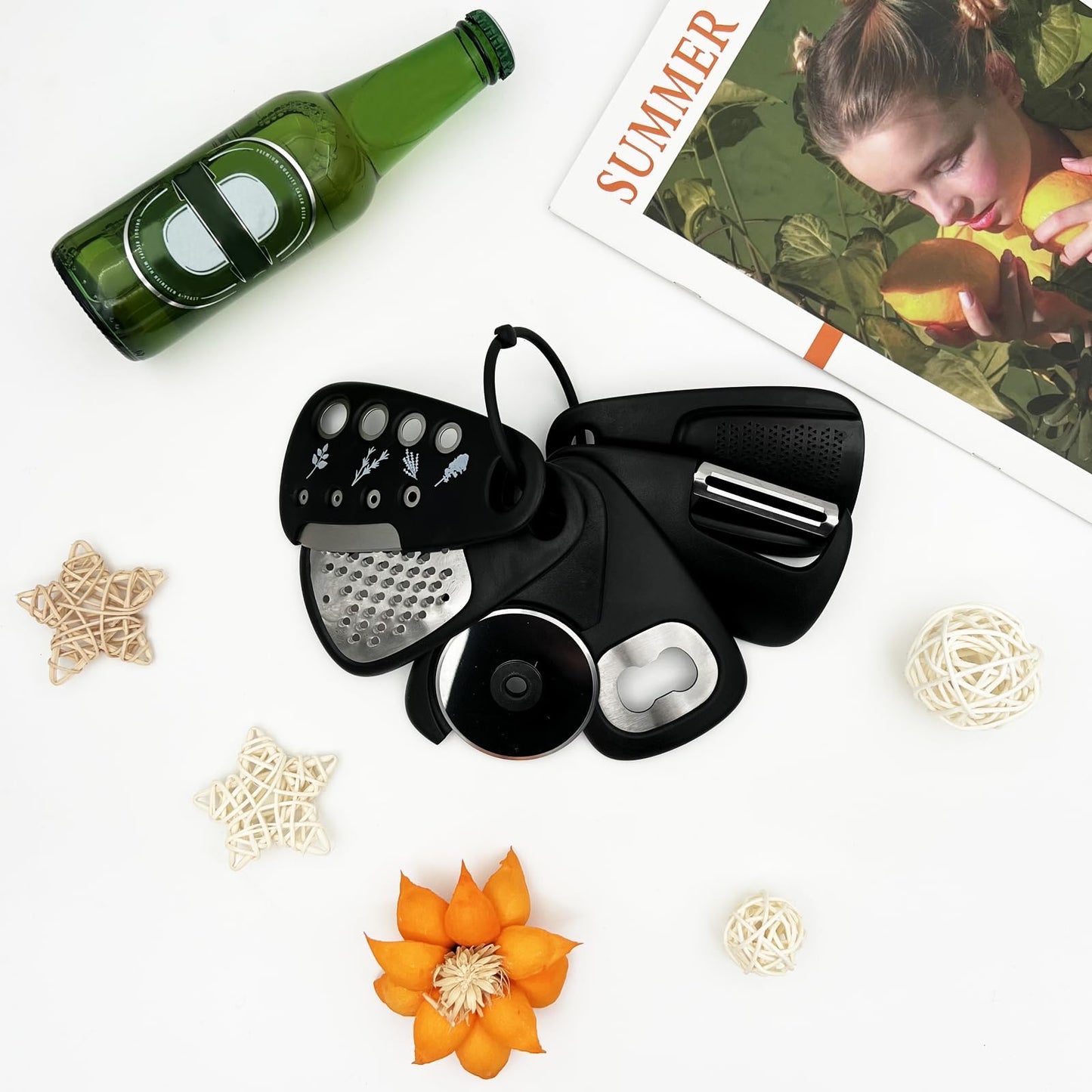 6-Piece Unique Kitchen Gadget Set in Black, Stackable Space-Saving Tools Including Grater, Peeler, Pizza Cutter, and Bottle Opener