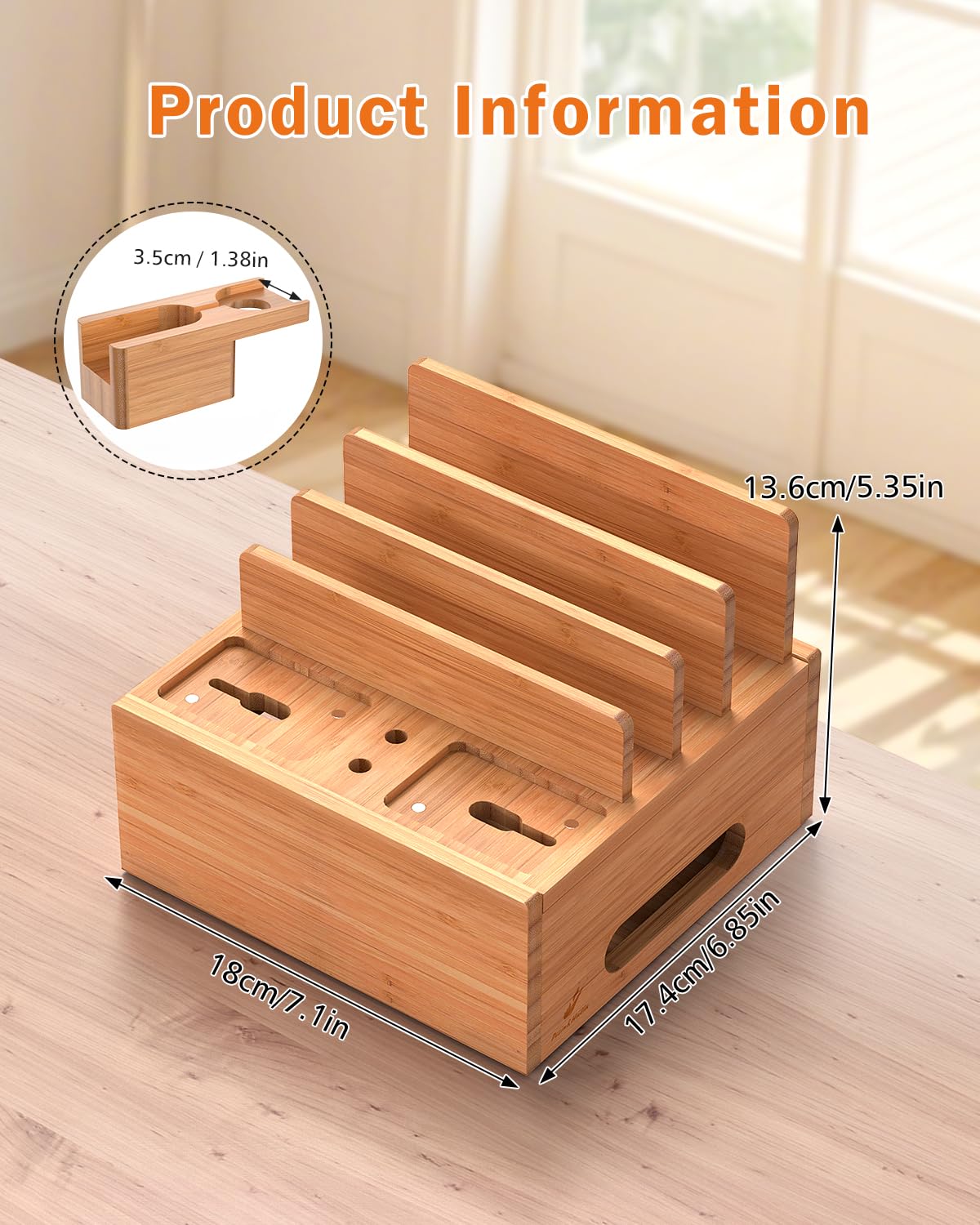 Pezin & Hulin Bamboo Charging Station Organizer for Multiple Devices, Desktop Docking Station Compatible with Phone, Tablet, Earbuds, Smartwatch, (Included 5 Cables, NO Charger HUB)