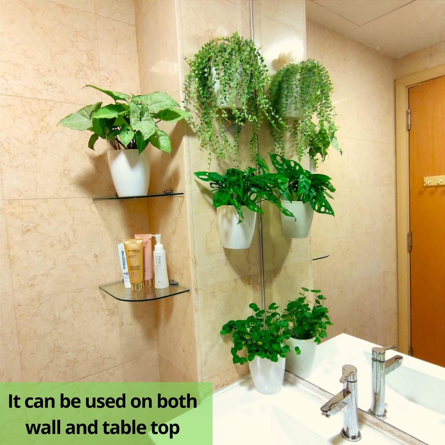ShopLaLa Bundle - 2 Pack Wooden Wall Planter + 10 Pack, 4 Inch Self Watering Plastic Planters White Plant Holder, Modern Hydroponic Wall Pot Vertical System for Living Plant, Garden