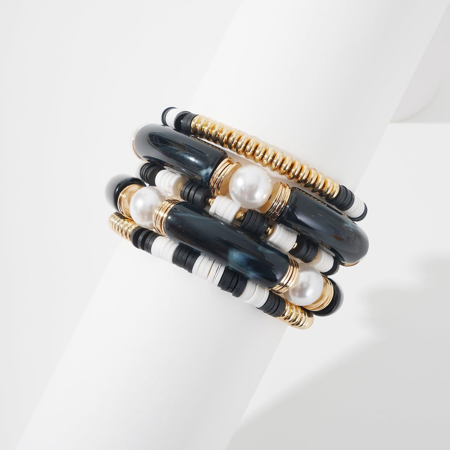 GOOJIDS Simple Beaded Gold Plated Bangles Bracelet Chunky Bamboo Tube Curved Stacking Clear Acrylic Colorful Beads Stretchable Gold Plated Bracelets Set For Women