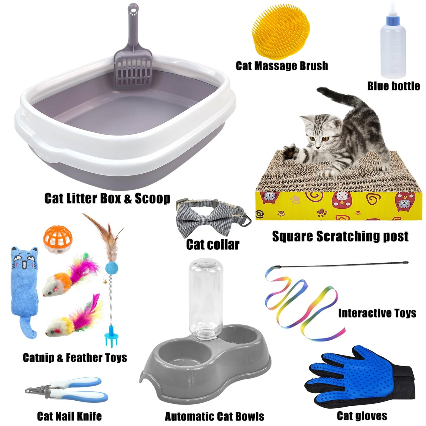Kitten Starter Kit - 15 Piece Cat Essentials Set Includes Litter Box, Toys, Collars, Scratch Pad, Nail File, Automatic Feed Bowls, Grooming Gloves (Gray)