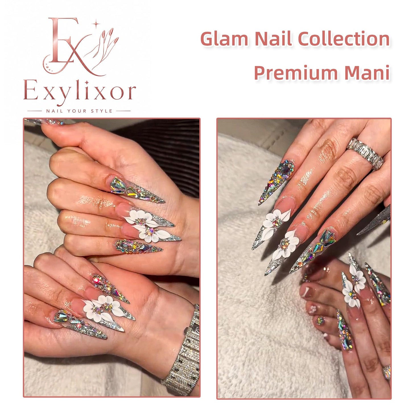 Handmade Press on Nails Long Stiletto - Glamorous Silver Glitter & Rhinestone Fake Nails, Luxury 3D White Flower False Nails, 10 Pcs for Women (Size M)