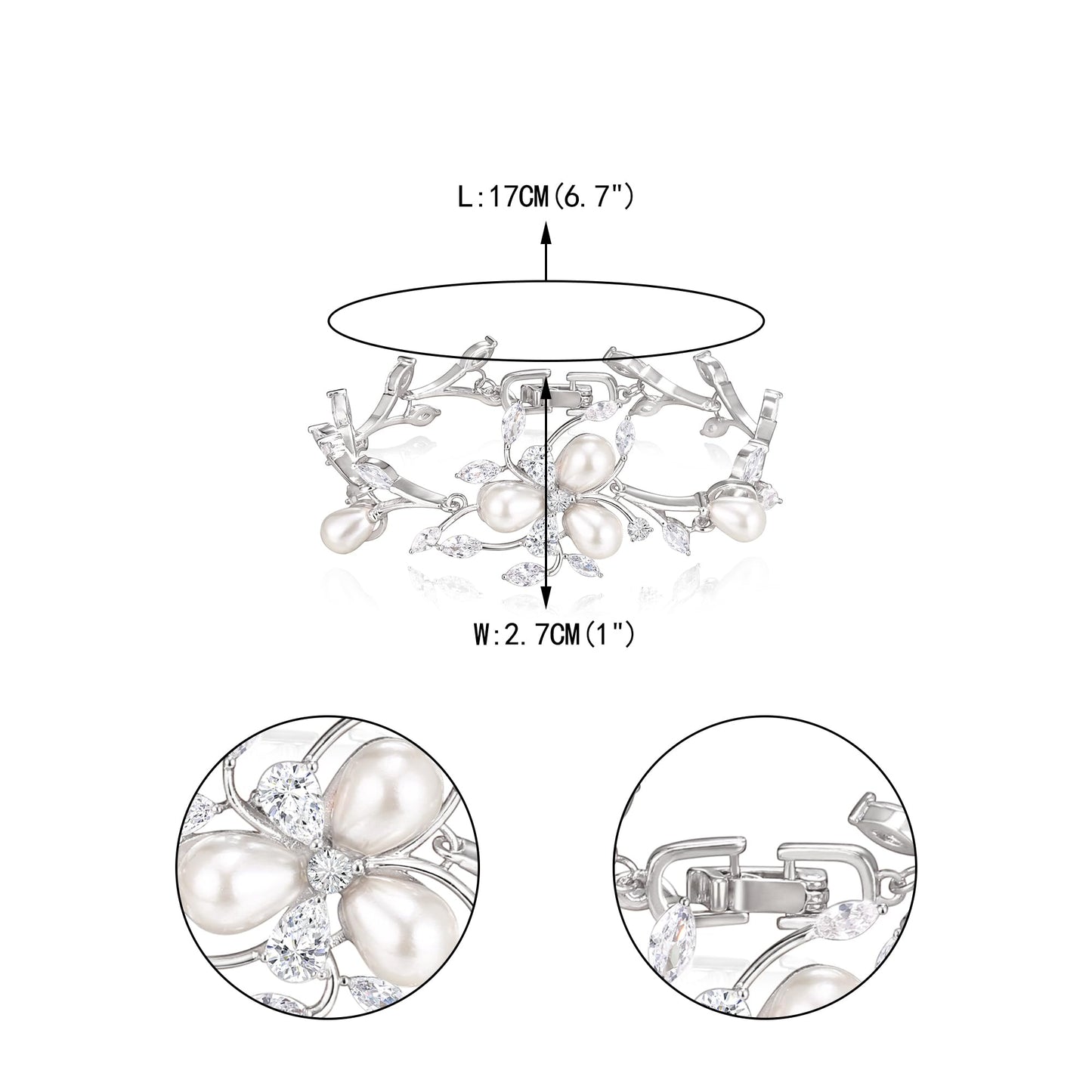 EVER FAITH Women's CZ Simulated Pearl Bridal Flower Leaf Filigree Tennis Bracelet Clear Silver-Plated-Brass