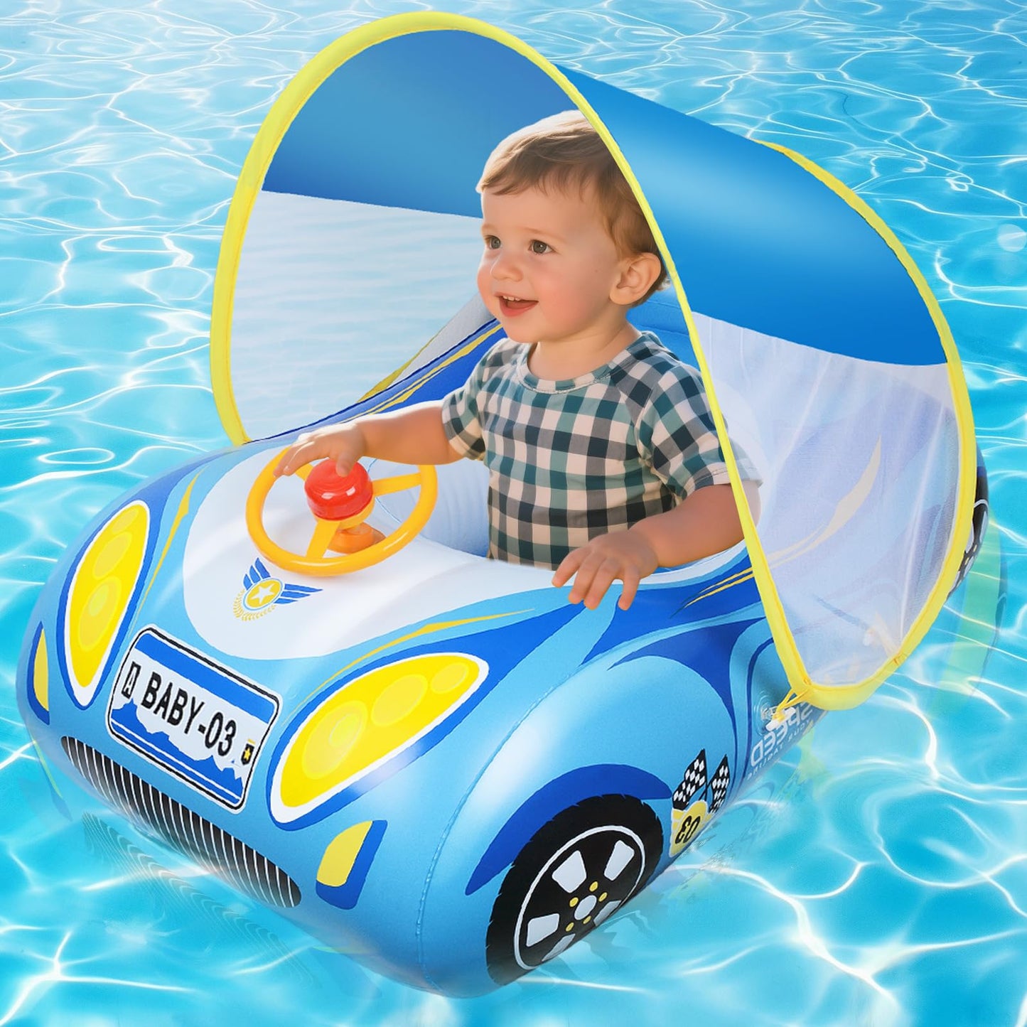 Baby Floaties for Infants with Canopy: Qoosea Baby Pool Float with UPF50+ Sun Protection & Toy Play Steering Wheel Baby Swimming Float with Patch Kit for Babies Baby Float for 18-48 Month