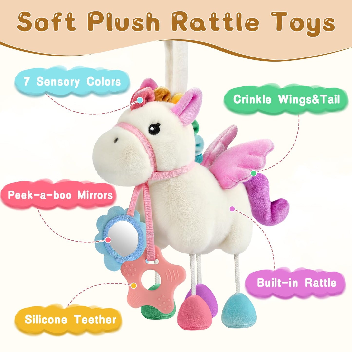 TYRY.HU Baby Stroller or Car Seat Toy,Soft Plush Stroller & Cot Hanging Toys, Rattle Sensory Developmental Activity Toy-Textured Ribbons&Crinkle Sounds&Silicone Teether, Gift for 0 3 6 9 12 Months