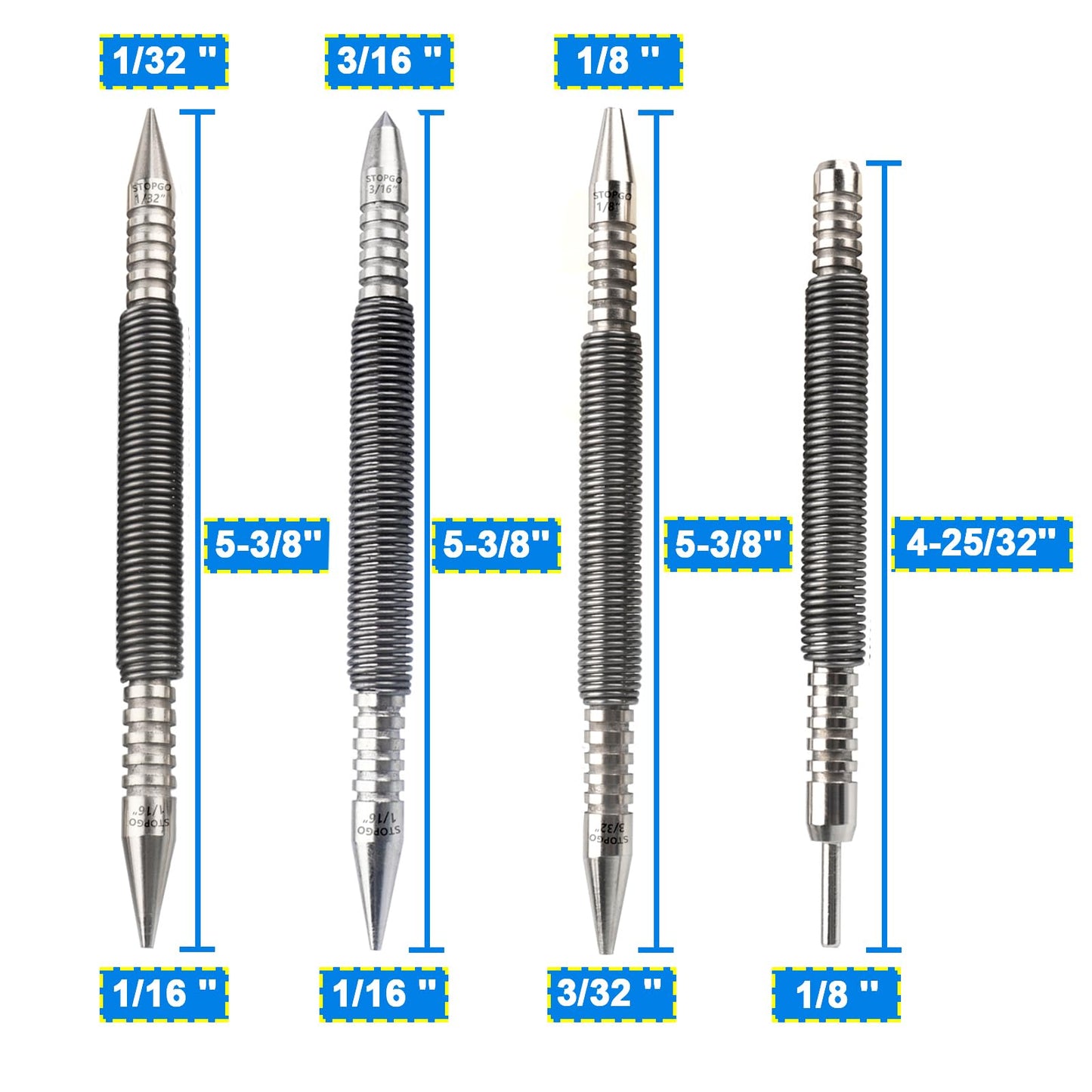 LSTOPGO Spring Nail Set with Size Marked,Spring Loaded Center Punch,4pcs Dual Head Nail Setter,Hammerless Door Hinge Pin Removal Tool（1/8-in, 3/32-in, 3/16-in, 1/16-in, 1/32-in, 1/8-in）