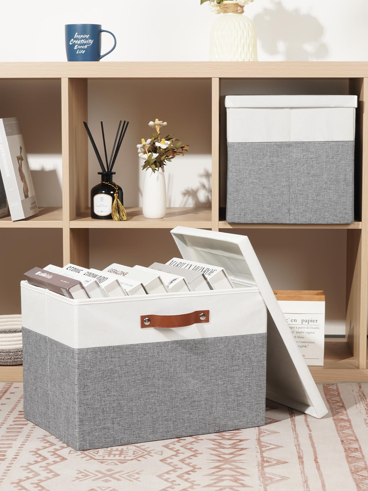 DULLEMELO Fabric Storage Bins with Lid, Set of 2 Large Decorative Storage Boxes for Shelves with Leather Handles, Foldable Storage Baskets for Closet (White&Grey, 17" L x 12" W x 12" H)