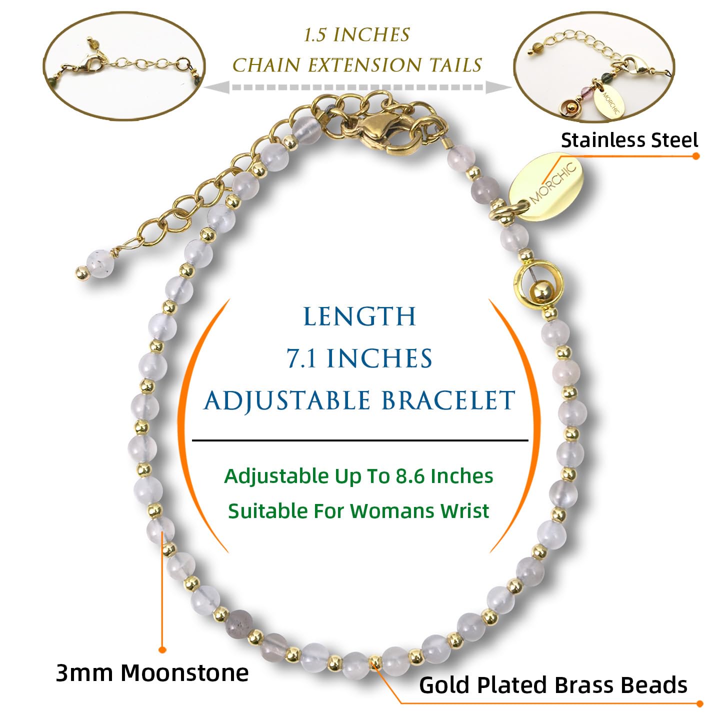 Morchic 3mm Blue Moonstone Natural Gemstone Beaded Bracelet for Women, Dainty Tiny Charm Jewelry, Adjustable 7.1-8.6", Ideal Birthday Holiday Gift