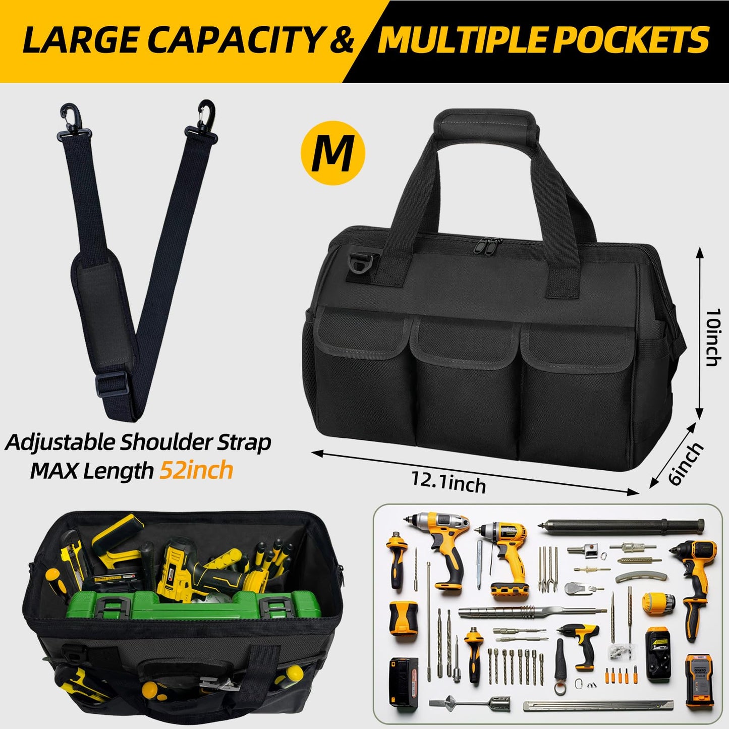 NECKORY Tool Bag, Portable Tool Box Organizer Adjustable Shoulder Strap, Carry Tool Tote Heavy Duty Tool Storage Bag With Wide Mouth,Tool Bags for Men Mechanic EngineerGift - M, Black