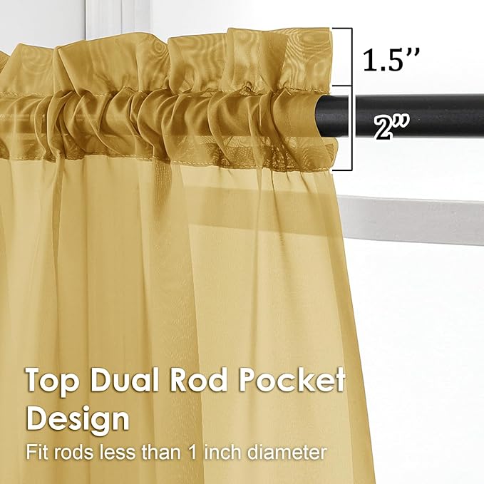 OVZME Gold Sheer Curtains 72 Inches Long 2 Panels - Soft Light Filtering Window Sheer Panels for Living Room/Bedroom, Top Dual Rod Pocket, 1 Pair, Each 42Wx72L Inches