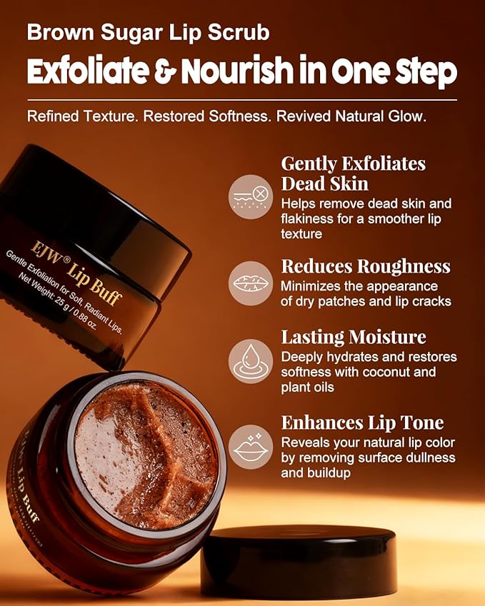 Triple-Action Lip Scrub - Brown Sugar, Coffee & Pearlite Exfoliator - Infused with Coconut & Botanical Oils for Nourishing Care of Dry, Cracked Lips - Vegan, Cruelty-Free