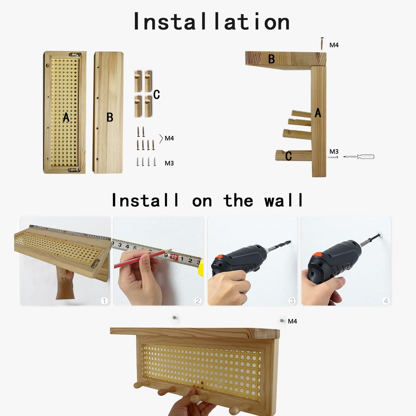 FRIADE PE Rattan Key Holder with 4 Key Hooks ,Wall Mounted Decorative Floating Shelf for Entryway,Nursery,Mudroom, Hallway, Office (Retro Brown)