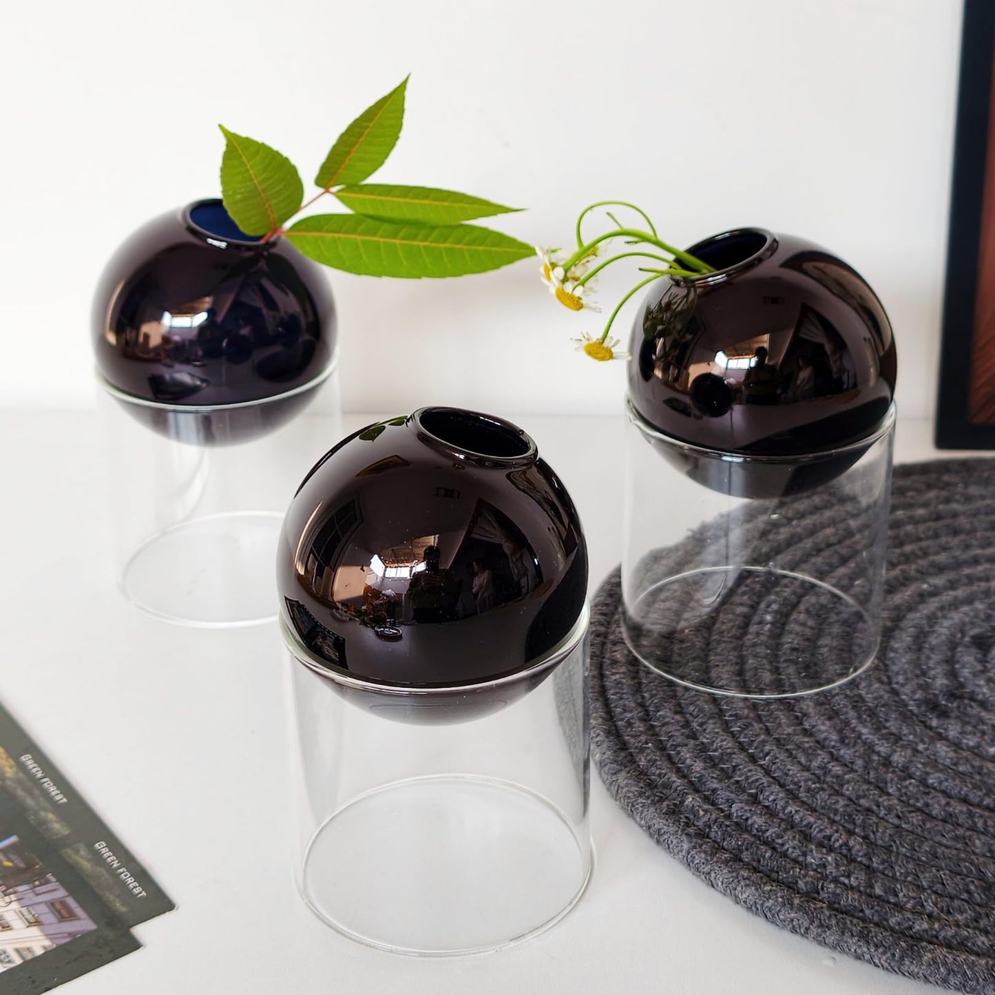 3-Pack Modular Black Glass Vase Set | Minimalist Aesthetics Bud Vase & Desktop Glass Planter with Clear Stand, Small Flower Vase