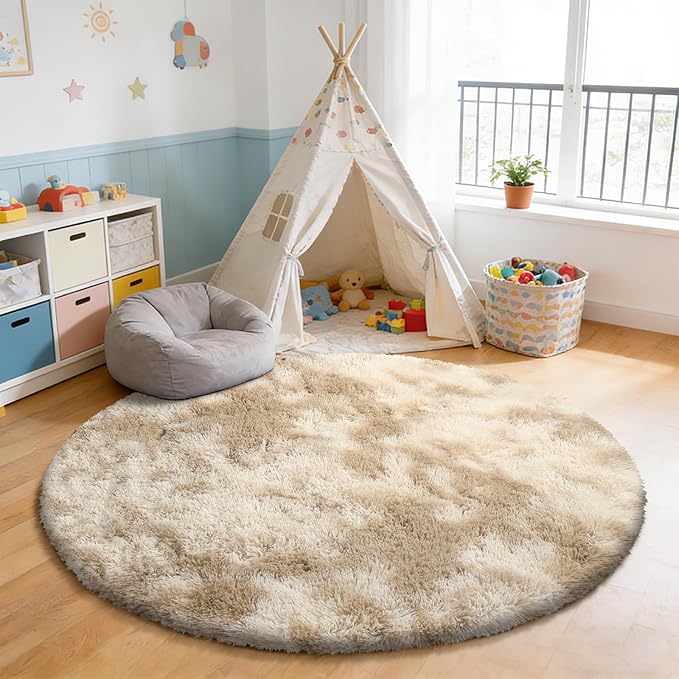 Fluffy Round Rug,Soft Area Rugs for Girls Room,Shaggy Rugs 5'X5' for Living Room,Non Slip Circle Rug for Kids Bedroom,Shag Plush Nursery Carpets,Fuzzy Rug for Dorm,Room Decor Carpet,Tie-Dyed Beige