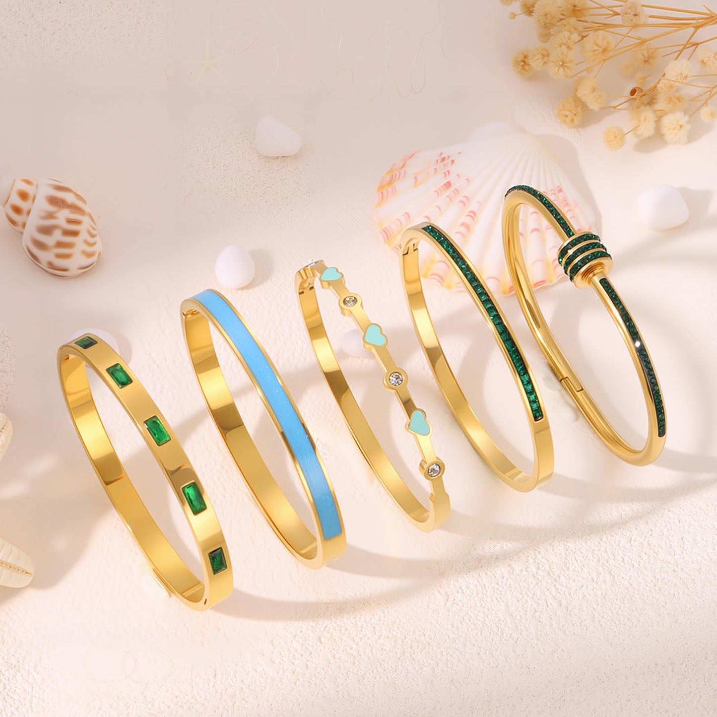 Camhanno 18K Gold Plated Stainless Steel 5-Piece Gold Bangle Bracelet Set for Women - Pink Crystal Friendship & Love Heart Design, Stackable Bangles Jewelry - Ideal Birthday Gift for Women (Green)