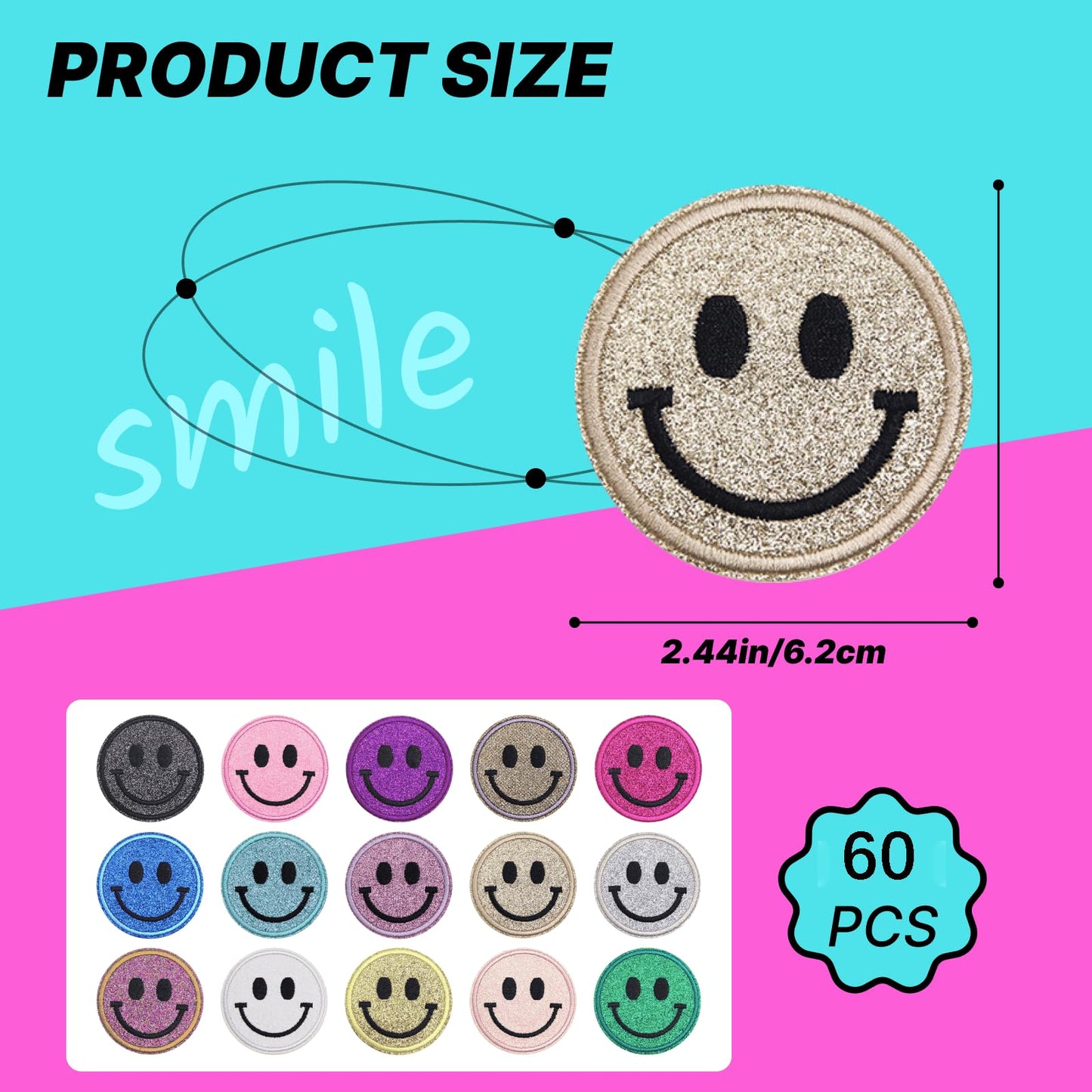 Zakrafo 60PCS Smiley Iron on Patches Sequin Round Chenille Cute Smiley Face Patches for Diverse Range of Fabric Clothes DIY Projects
