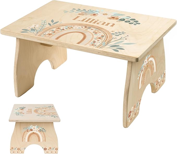 Rainbow Step Stool for Toddlers- Personalized Wood Kids Step Stool with Name for Kitchen Sink, Bathroom, Potty Training, Kitchen Sink- Sturdy and Safe- Made in USA by BloomOwl (Rainbow- Boho Floral)