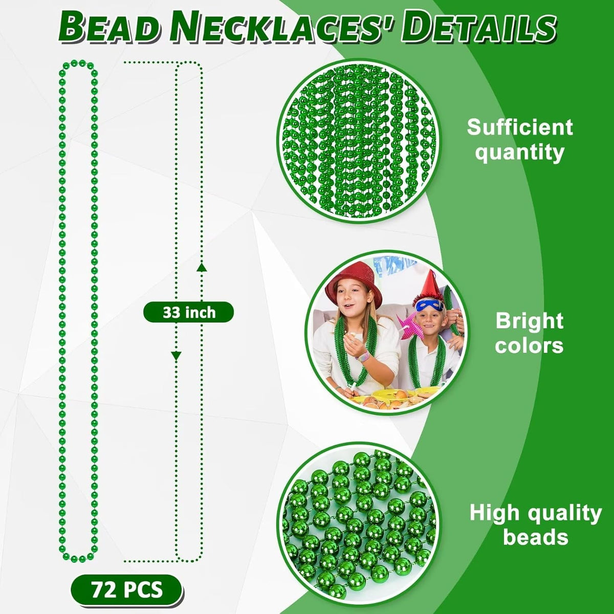 72PCS Green Bead Necklace, Mardi Gras Beads Necklace Accessories Bulk, Mardi Gras Xmas Necklaces, Parade Throw Accessories for Wedding Birthday Mardi Gras St. Patricks Christmas Decorations