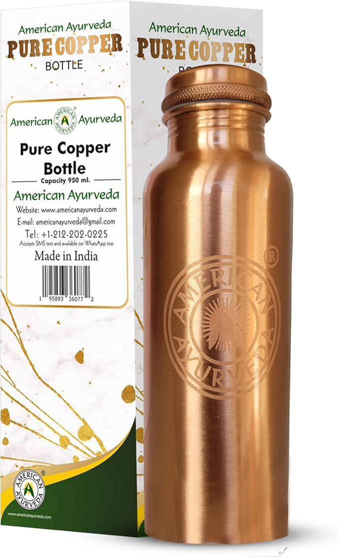A American Ayurveda 100% Pure Copper Water Bottle for drinking, Jointfree, Leakproof, Natural Ayurveda Health Benefits, Copper bottle, Alkaline Water 600ml (20Oz) Capacity
