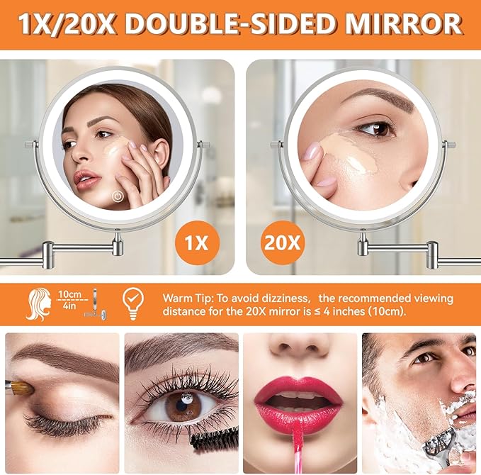 Auxmir 1X/20X Wall Mounted Makeup Mirror with Light, 8" Rechargeable Double-Sided Magnifying Mirror, Vanity Mirror Dimmable 3 Color Light, 360° Extension Rotation Foldable 14.5 Inch Arm, Chrome