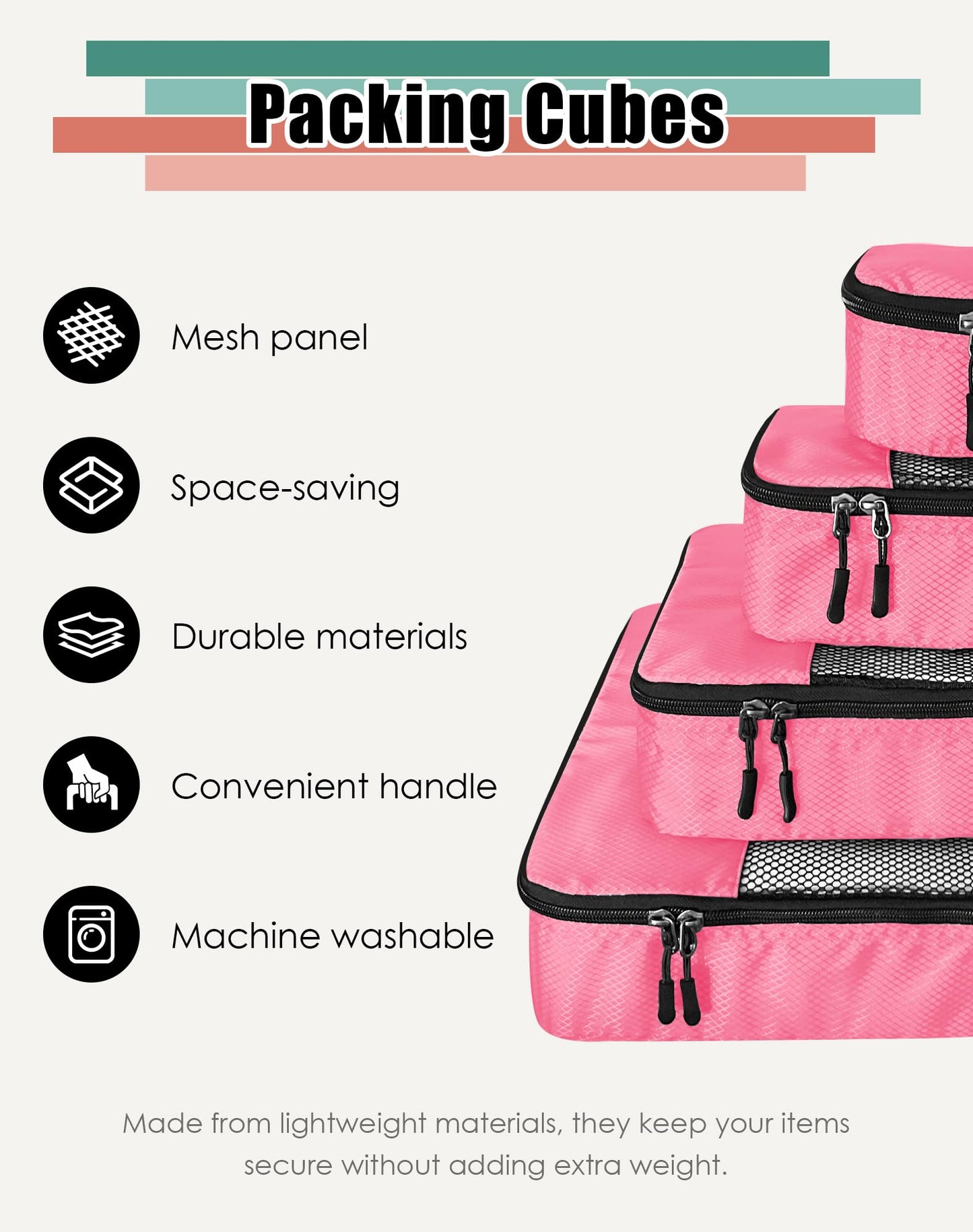 WTREE 4-Piece Packing Cubes Travel Accessories Set for Suitcases - Luggage Organizer Bags with Double Zipper - Mesh Top - Small/Medium/Large/Slim - Pink