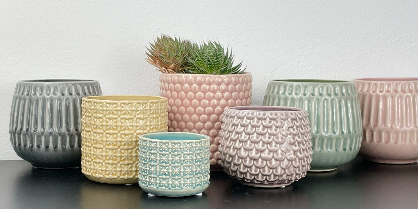 Nordring Stoneware Flower Pot – 5’’ Grey Planter with Polka Dots – Modern Ceramic Pot with Crackle Glaze – No Drainage Holes – Holds 4’’ Indoor Plant