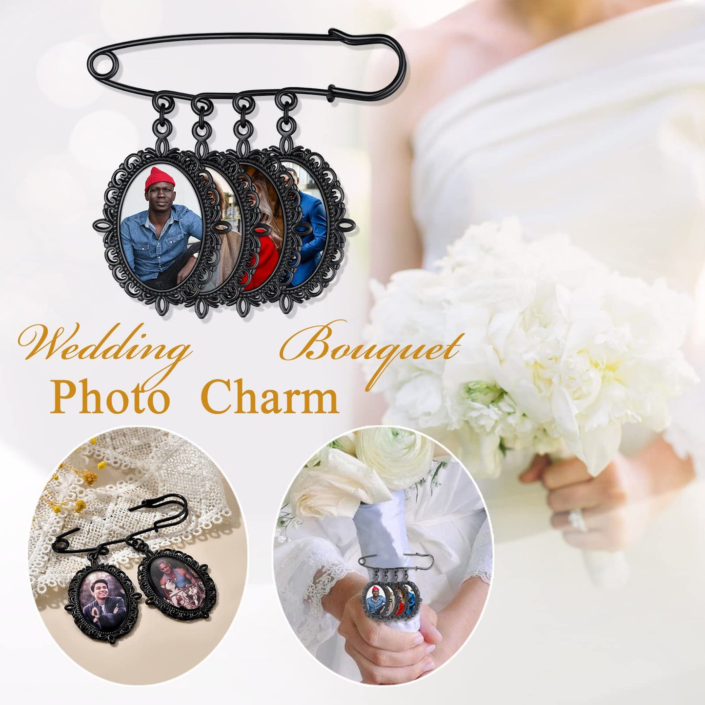 Custom4U Wedding Bouquet Charms Memorial Engraved with 4 Pictures Oval Shaped Memory Photo Charm for Bride Groom Mother Father