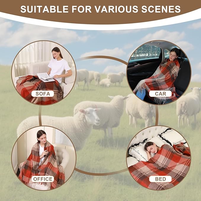 Throw Blanket Plaid with Carry Bag | Soft Wool Travel Blanket 55"x83" 2lbs | Red Plaid Decorative Throw for Couch, Camping & Gift