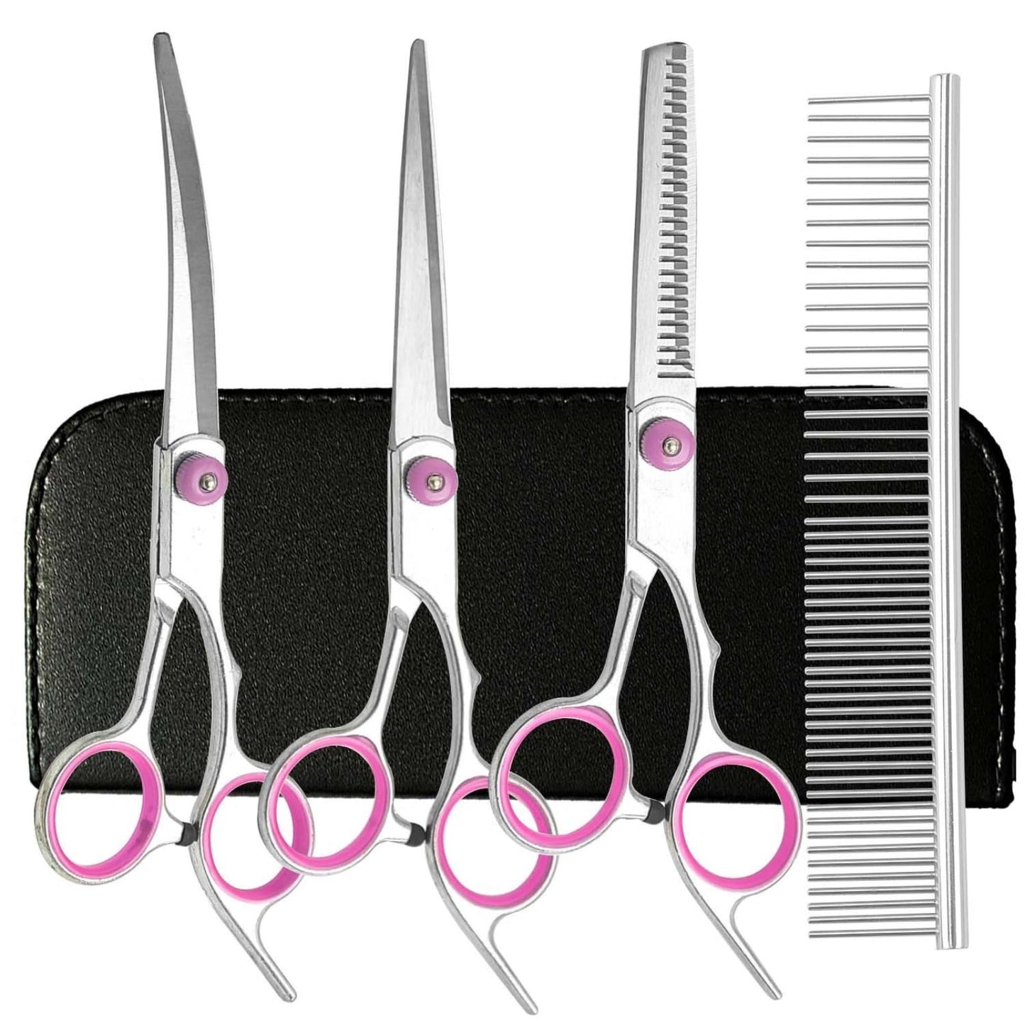 5-in-1 Pet Grooming Scissors, Stainless Steel Straight Thinning Curved Shears & Comb for Pet Use