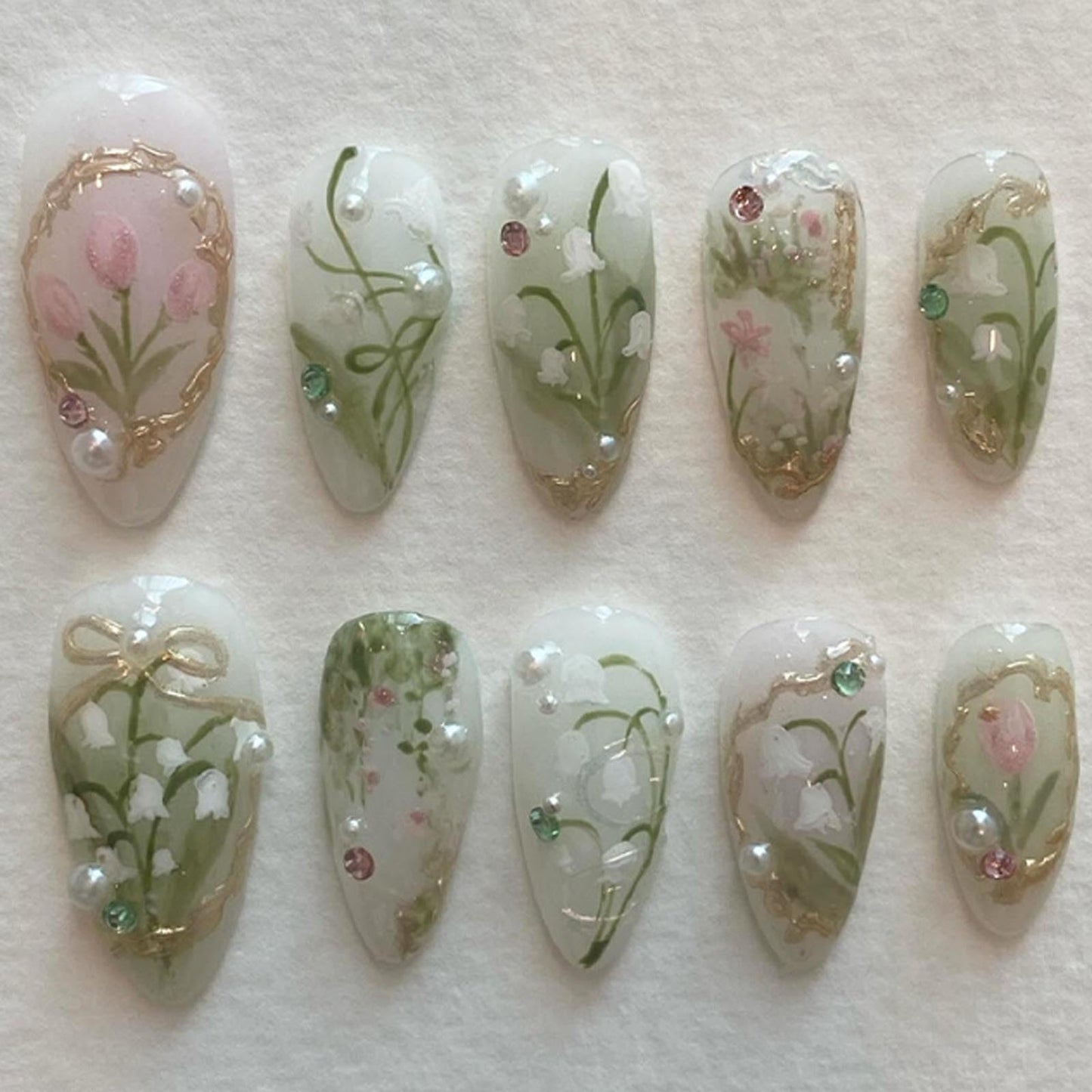 Hkanlre Almond Fake Nude Nails Tips Full Cover False Medium Nails Summer Flower Press on Nails for Women 24PCS