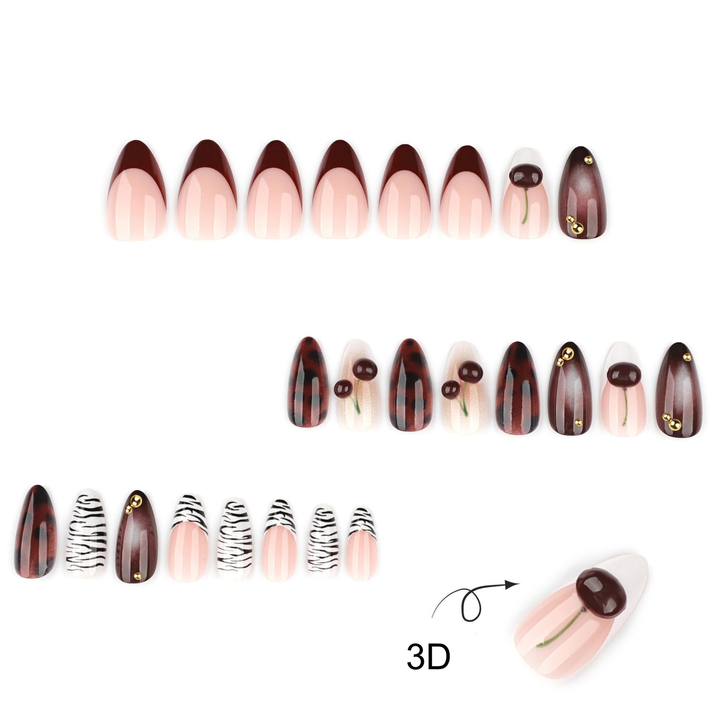 Almond Press on Nails Medium Fake Nails Brown Acrylic Nail Press ons Seeneey Cherry and Gold Charm Designs Tortoise Shell Stick on Nail for Women 24pcs