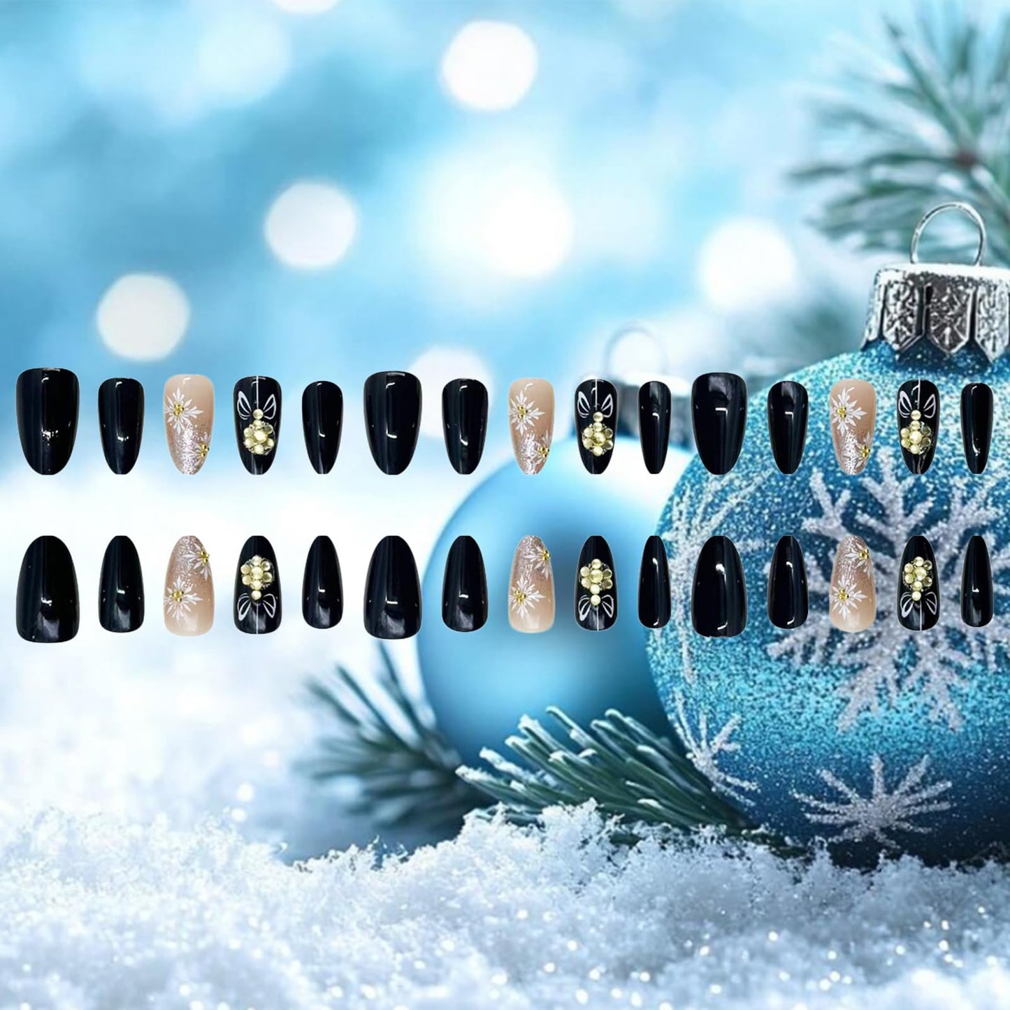 Snowflake Press on Nails Bell Stick on Fingernails Christmas Press ons Medium Almond Nail Glossy Silver Glitter False Nail 24Pcs Bow Tie Gel Glue on Acrylic Fake Nails for Holiday Women