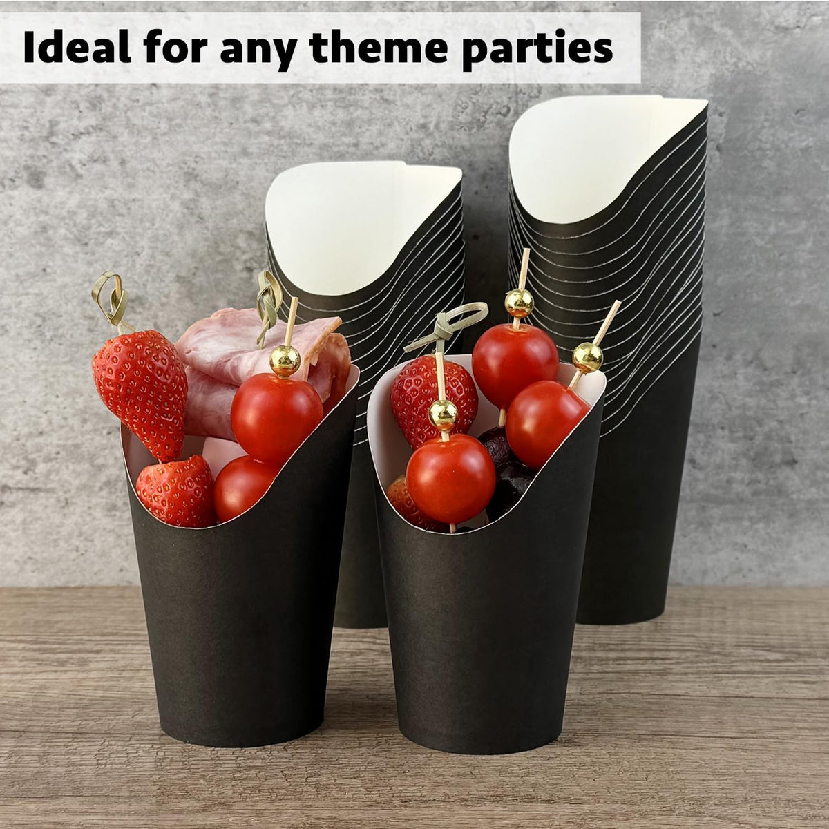 CAMKYDE 50 Charcuterie Cups + 200 Cocktail Picks + 56 Labels, 12 oz Disposable Charcuterie Cups with Sticks (2 Types), French Fry Cups Brown Paper Appetizer Cups for all Occasions（Black）