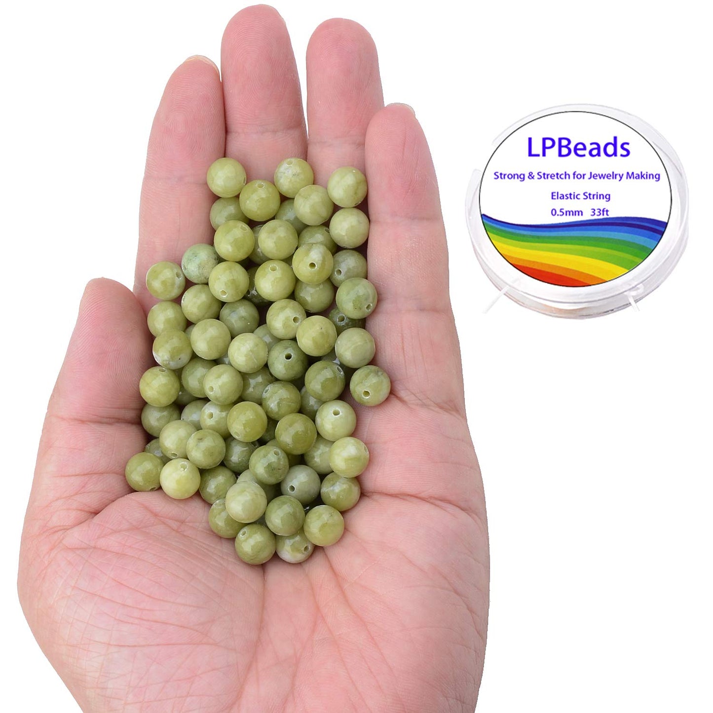 LPBeads 100PCS 8mm Natural Green Jade Beads Gemstone Round Loose Beads for Jewelry Making with Crystal Stretch Cord