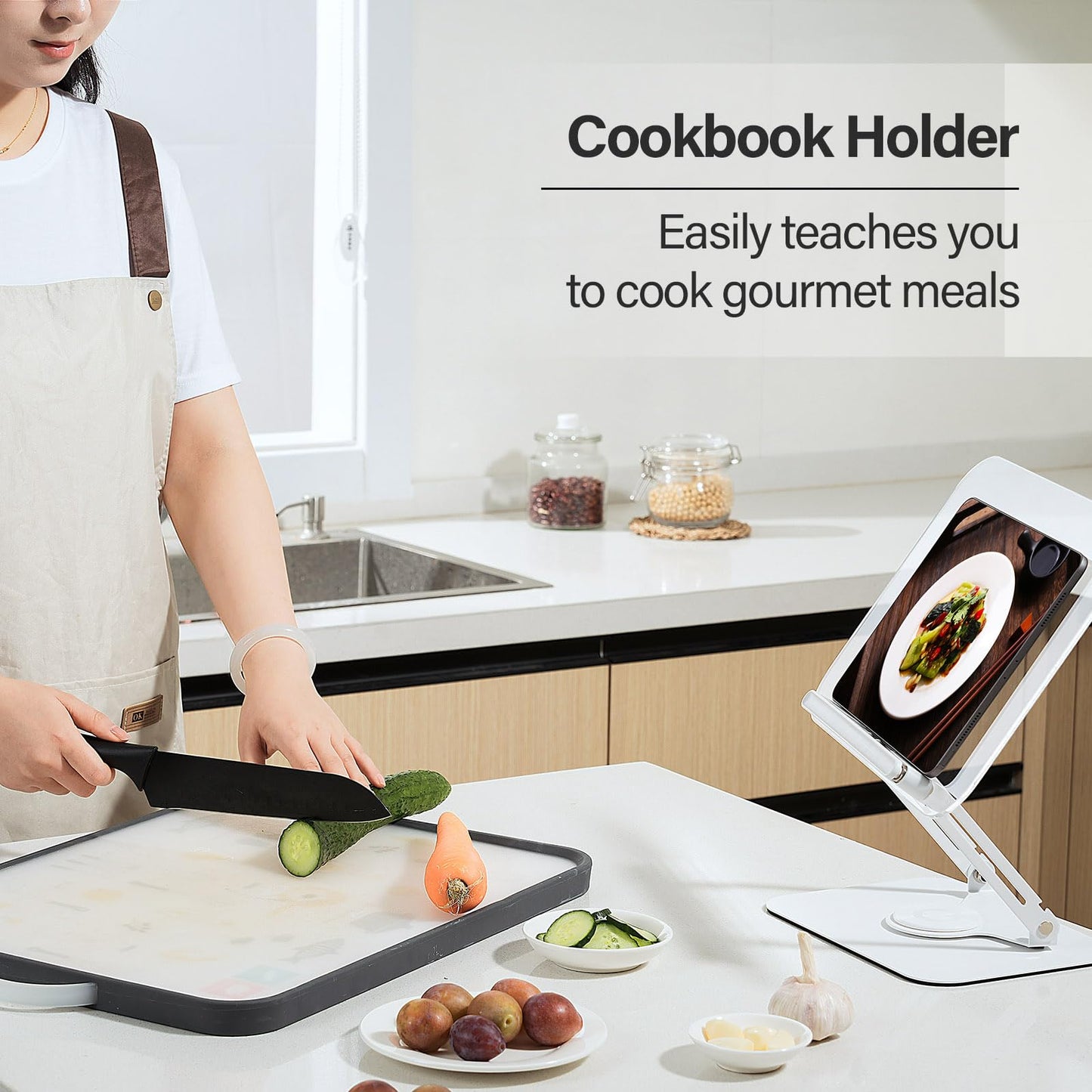 BYMECOST Acrylic Book Stand for Reading, Adjustable Book Holder with 360° Rotating Base & Elastic Page Clips, Foldable Desktop Riser Stand for Cookbook,Laptop,Tablet,Music Scores,Recipe,Textbook