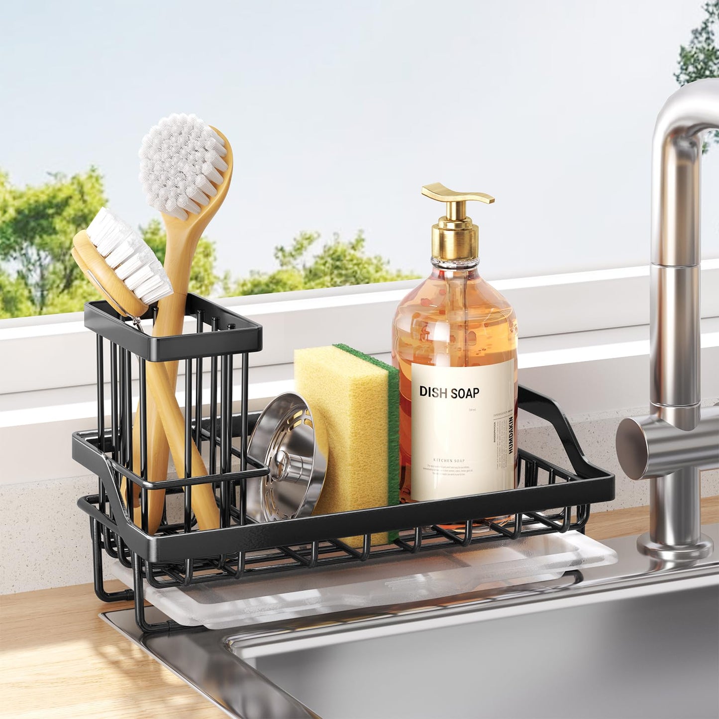 Consumest Sponge Holder for Kitchen Sink - Kitchen Sink Caddy Organizer with Removable Drip Tray for Countertop Dish Soap Dispenser Brush Storage Accessories 304 Stainless Steel - Black