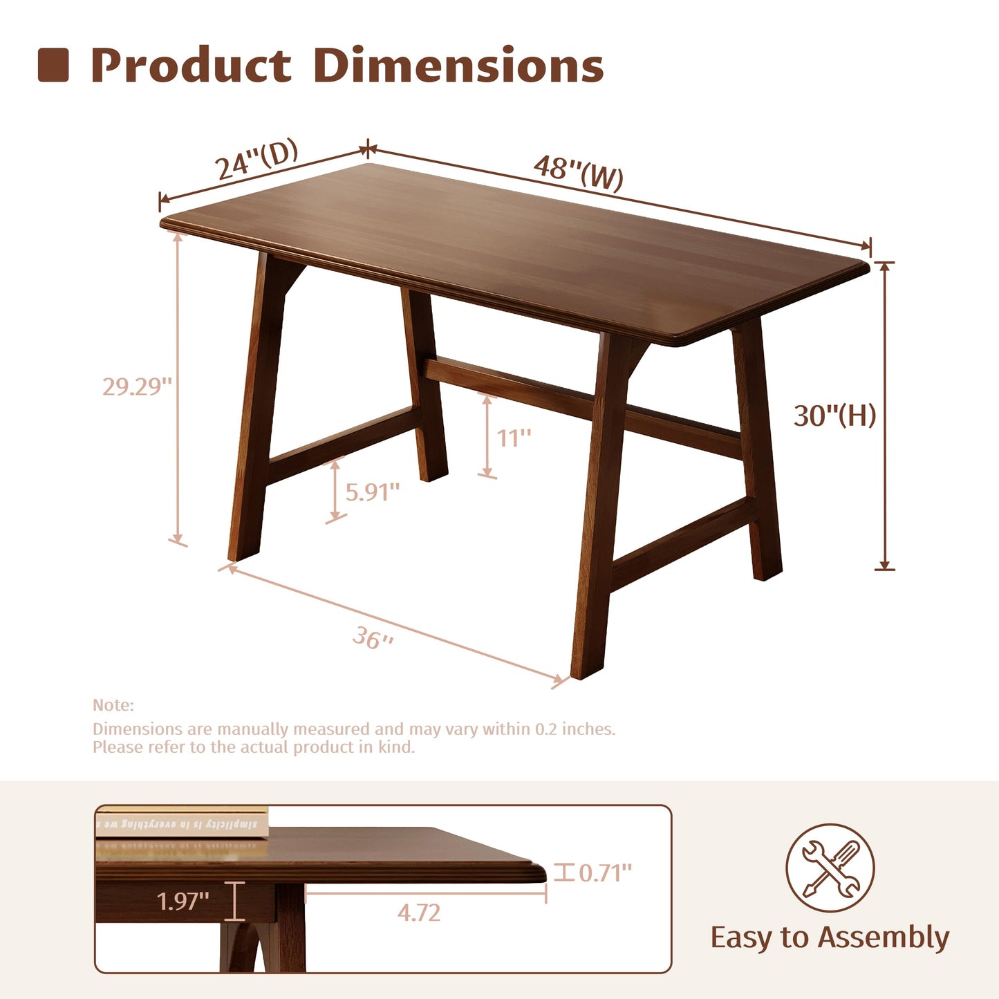 IOTXY Solid Wood Writing Table - 48" W x 24" D Minimalist Computer Desk for Home Office, Work, Study, Creativity, and PC Workstation, Walnut