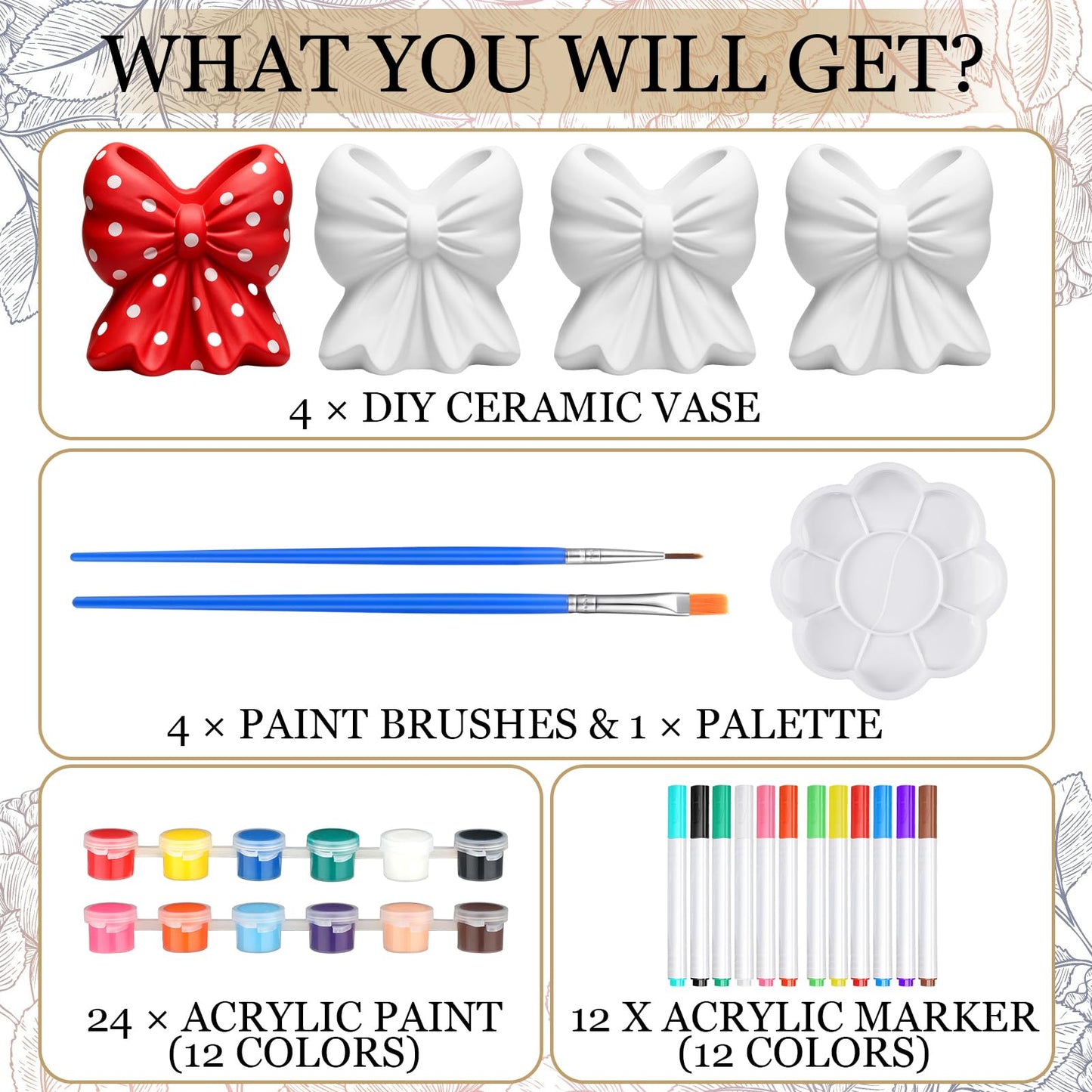 AceOrbit 6 Sets Paint Your Own Coquette Bow Succulent Planter Vase Ceramic Blank Unpainted Flower Pots DIY Paintable Porcelain Vase Kit for Adults Classroom Craft Project Activity Supplies