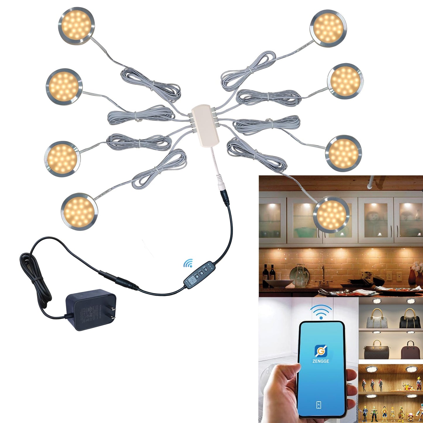 CRISETEK Smart LED Puck Lights with APP Control, Dimmable Cabinet Lighting with Bluetooth, Music Sync and Timer Function, Under Cabinet Lights, DC 12V Adaptor (Warm White, APP 8Pack)