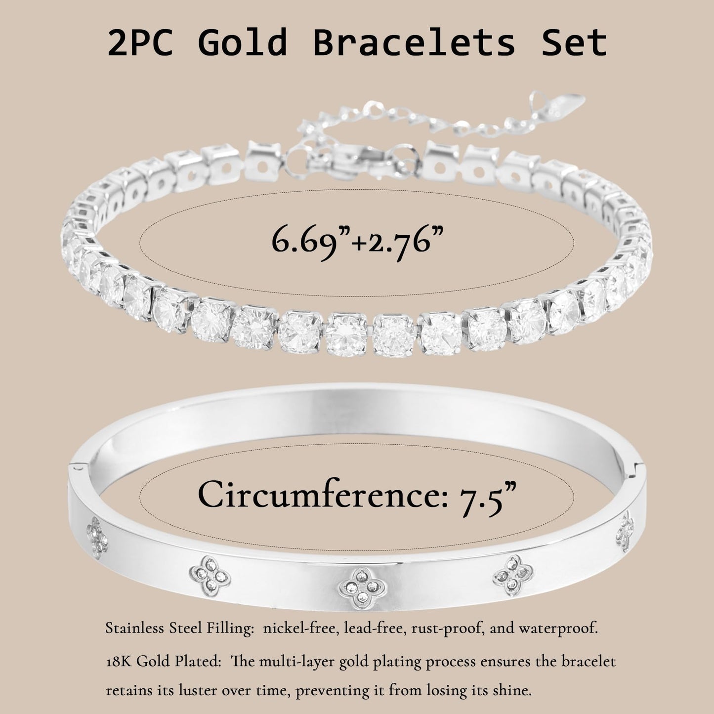 Acnode 2PCS Bangle Bracelets for Women Four Leaf Clover Lucky Bracelets Friendship Love Bangle Bracelets Set Adjustable Tennis Bracelet Non Tarnish Gift Jewelry for Women
