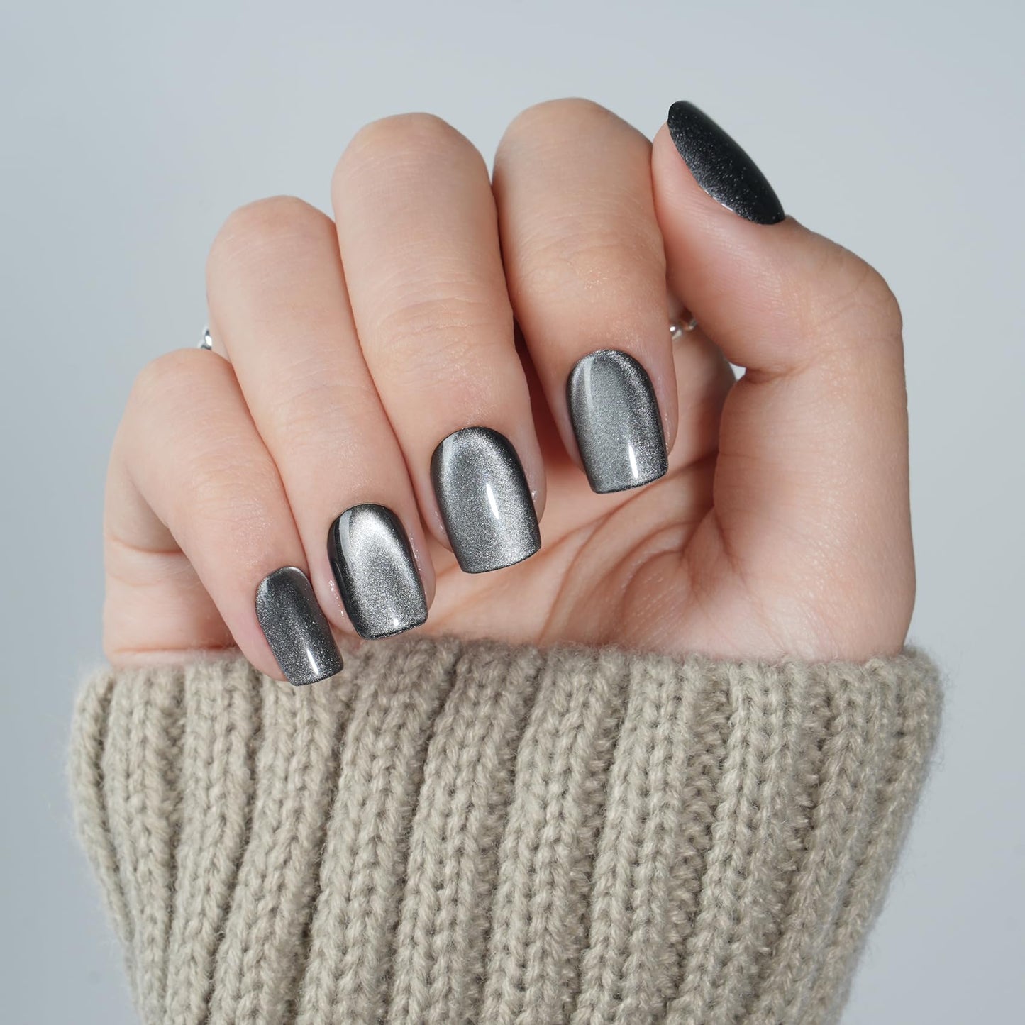 Cat Eye Black Press On Nails Square - Silver Short Square Fake Nails with Nail Glue, Black Goth Cateye Press On Nails Reusable Stick On Nails in 15 Sizes - 30 Nail Kit for Women | Salon Quality