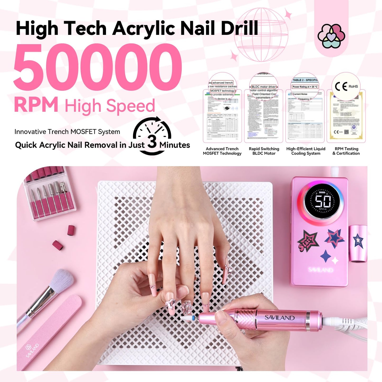 SAVILAND Professional Nail Drill Kit: 50000RPM Rechargeable Electric Nail File Machine E-File with 6000mAh Battery, Ceramic Bits and Stickers for Manicure Pedicure Shaping & Acrylic Removal Salon Use