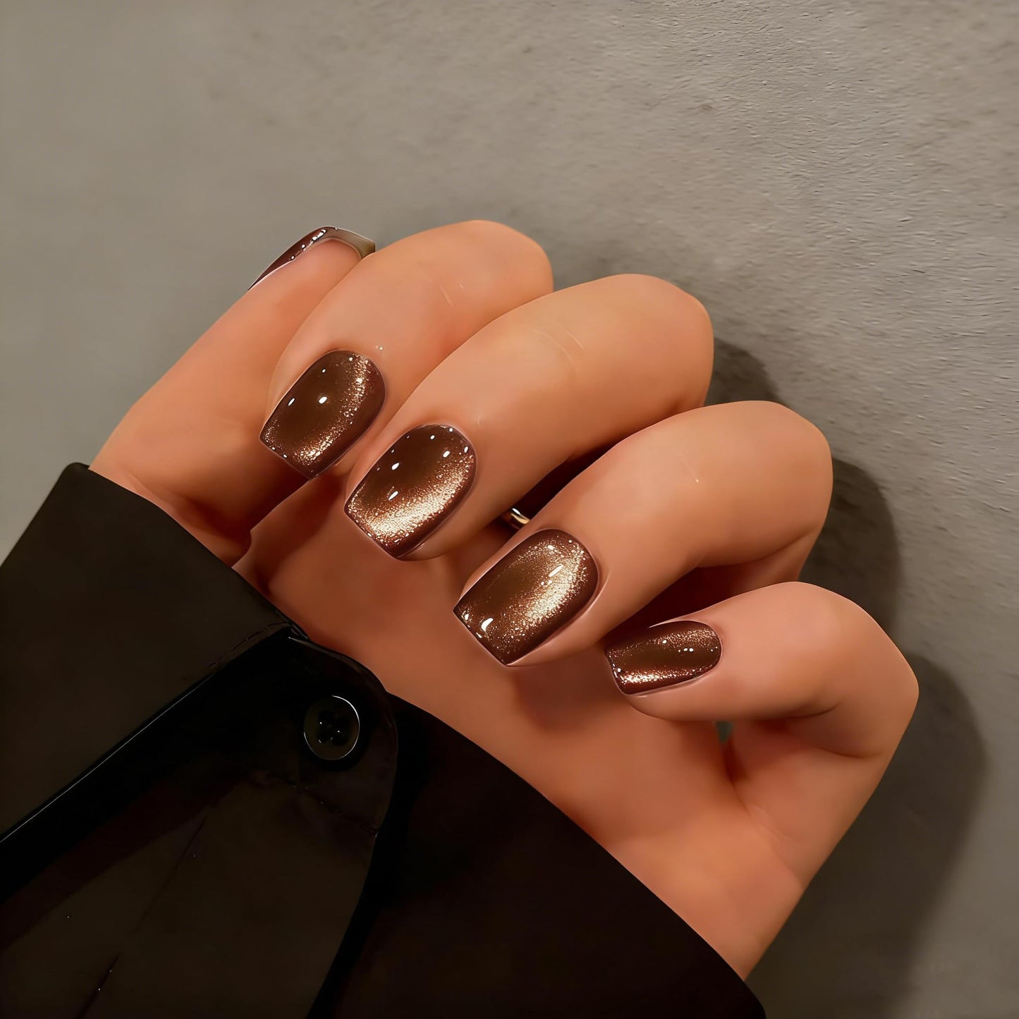KQueenest Cat Eye Press On Nails Short - Coffee Brown Press On Nails Square, 30 Pcs 15 Sizes Sparkly Glitter Fake Nails Press ons, Thick Quality, Reusable Small Glue on Nail for Women Fall Winter