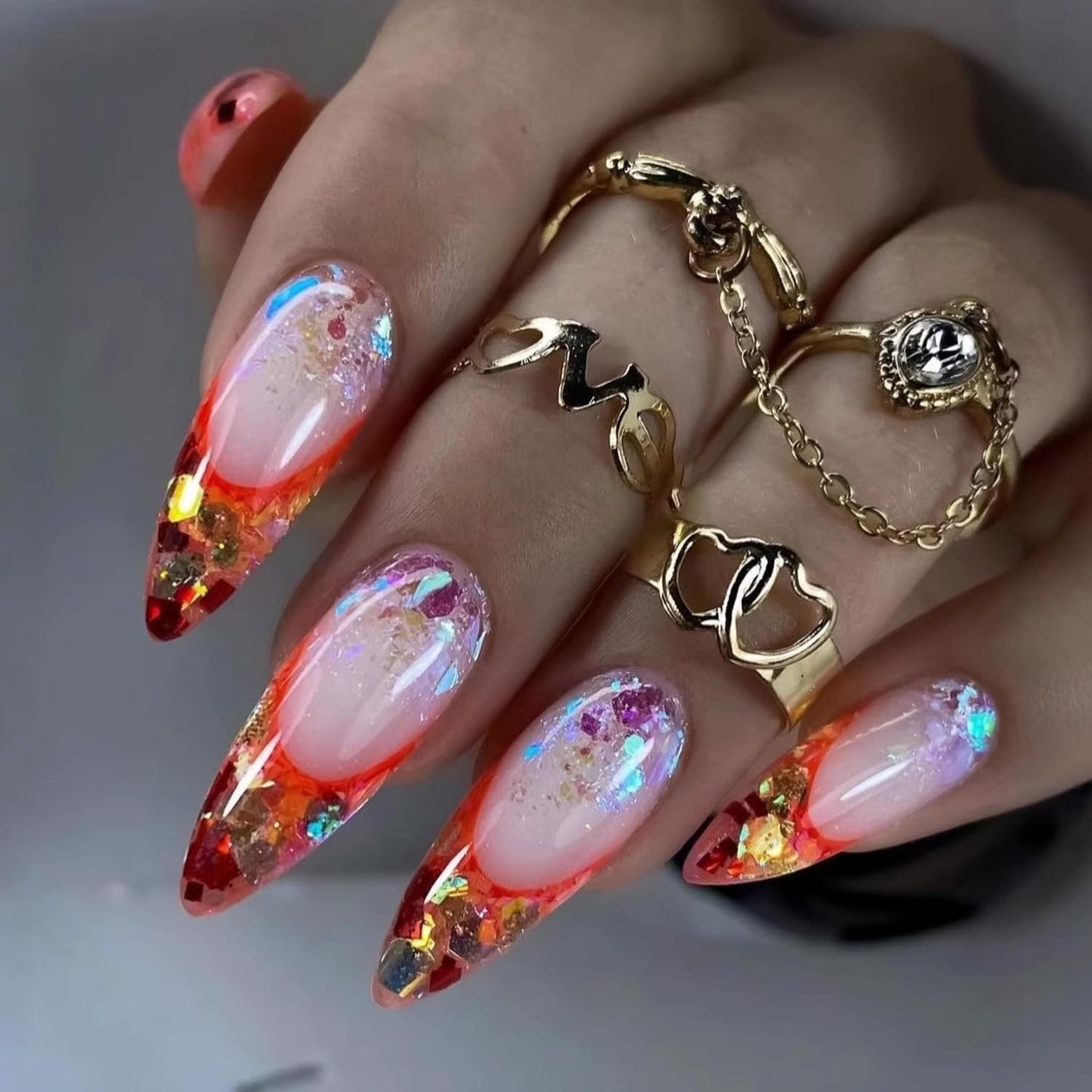 24Pcs Press on Nails Almond Shaped Artificial Acrylic French Orange Tips Rhombic False Nails with Design Medium Stick on Nail Full Cover Glossy Press Ons Artificial Fingernails for Women Manicure