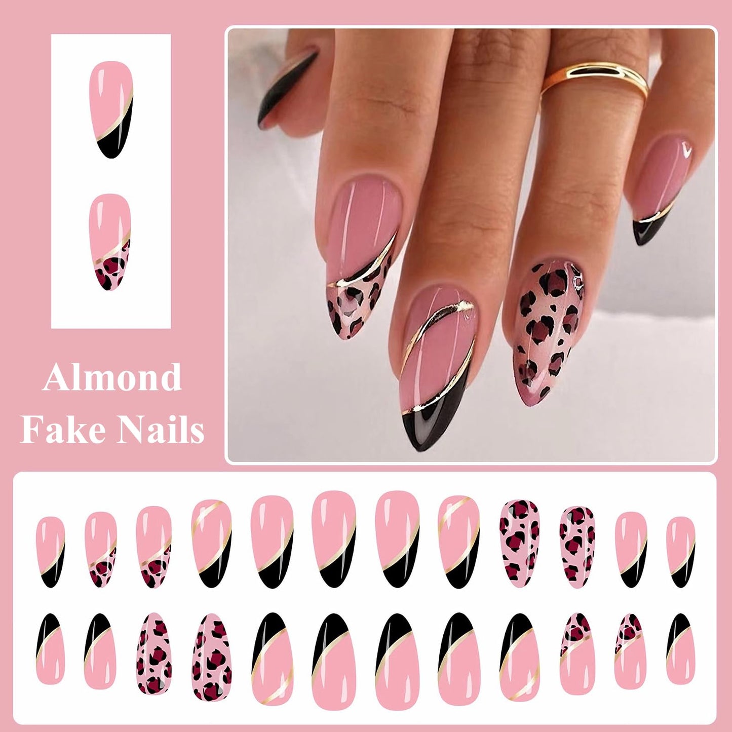 MISUD Press on Nails - Medium Almond Glue on Nails with Black French Tip, Acrylic Cheetah Design 24 pcs