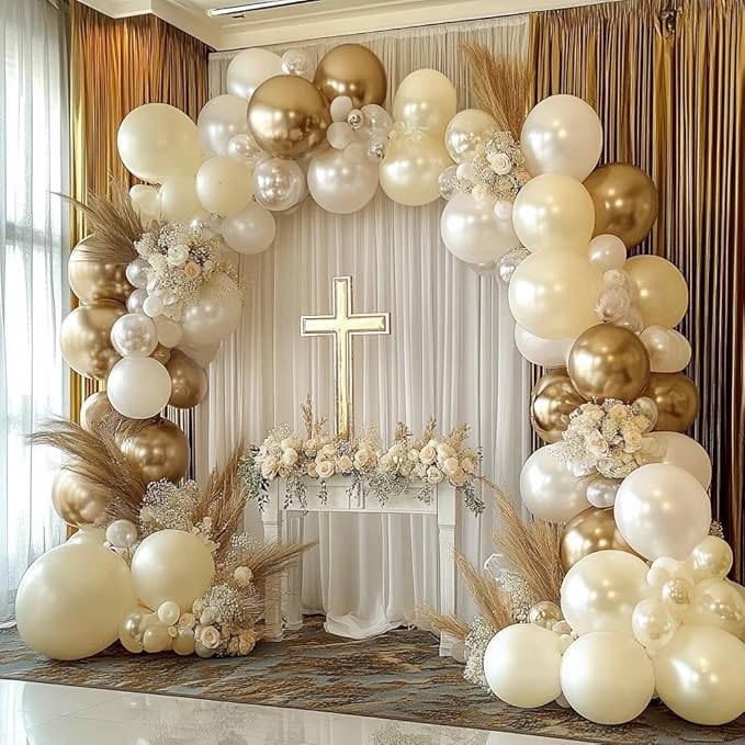 Pearl White Balloon Garland Kit, Double Stuffed – Sand White, Pastel Ivory & Cream Latex Balloons in 3 Sizes for Wedding, Bridal, Baptism & Baby Shower
