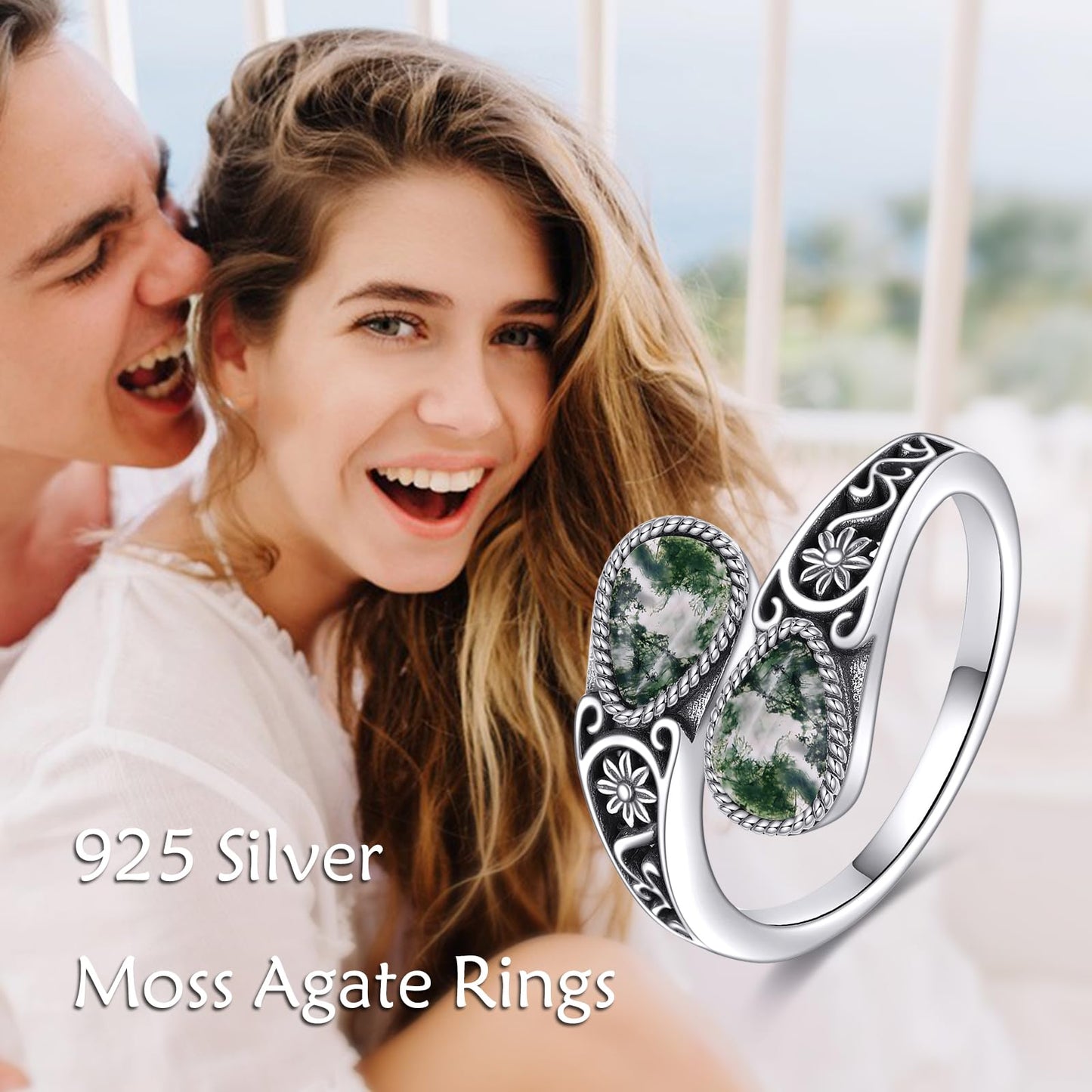 POPLYKE Sterling Silver Moss Agate Filigree Spoon Ring Vintage Thumb Rings Boho Adjustable Open Ring Statement Jewelry Gifts for Women