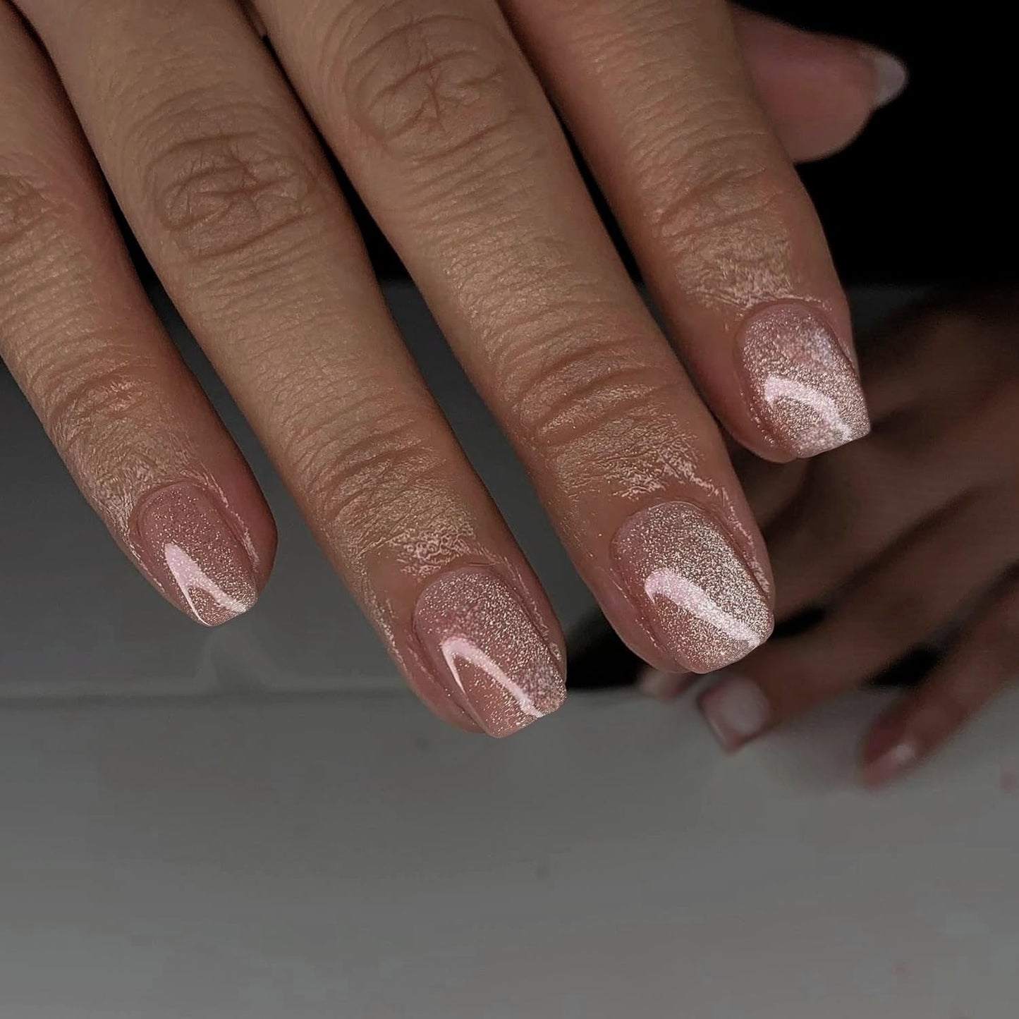 KQueenest Cat Eye Nude Pink Press on Nails Short Square, 30 Pcs Thick Glitter Fake Nails Press ons, Sparkle Bling Acrylic Nails Glue on Short, Shiny Cute False Nails for Women Manicure