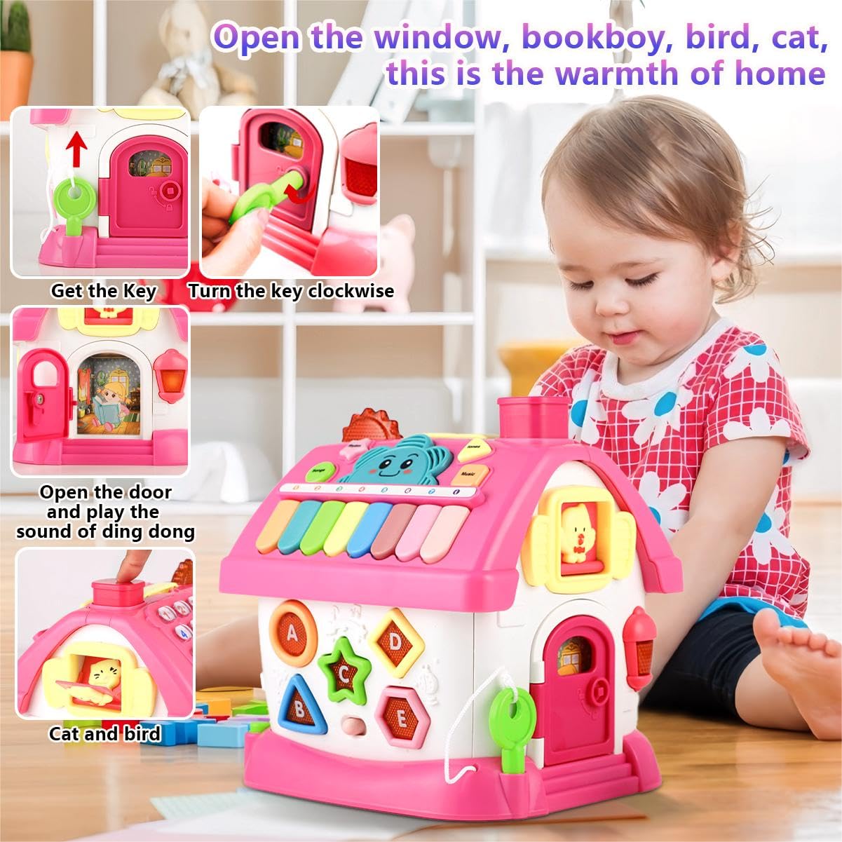 OKREVIEW Montessori 8-in-1 Bilingual Musical Activity House | EN/ES Learning Toy with Volume Control & Travel Handle | Develops Fine Motor Skills for 1-3 Year Old Toddlers & First Birthday Gift