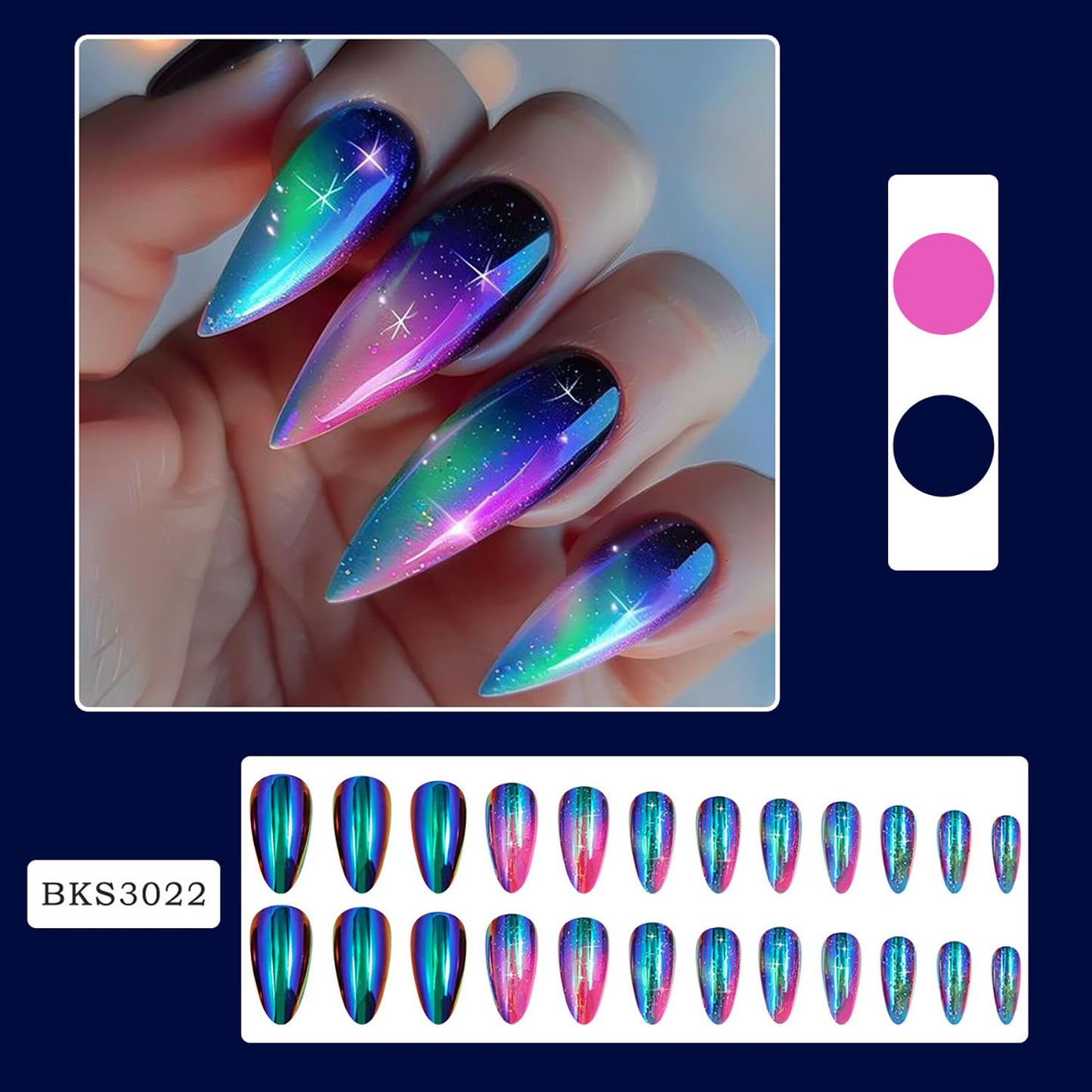 Aurora Plating Medium Colorful Smudge Free Coffin Acrylic Nails - Stars Sky Design, Full Cover Press On, Artificial, Glue On for Women
